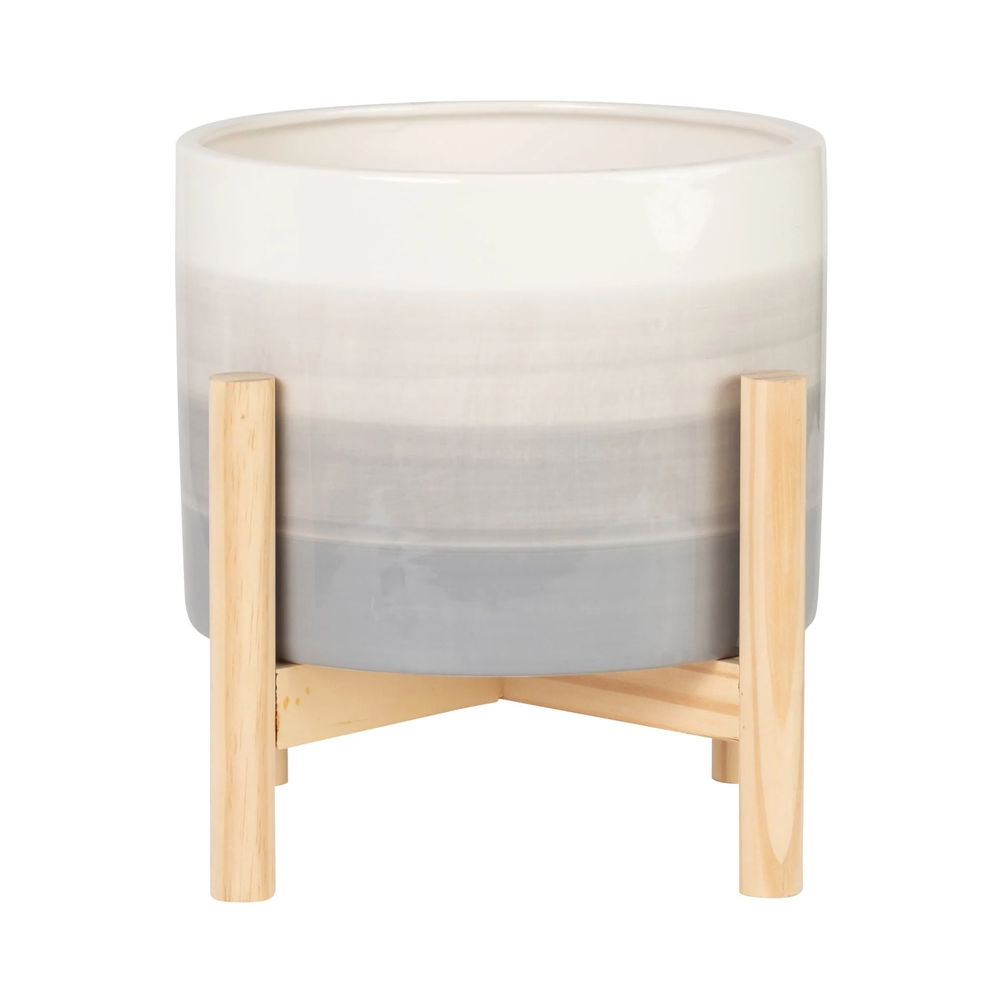 8" Ceramic Planter W/ Wood Stand, Beige Mix - Image 3