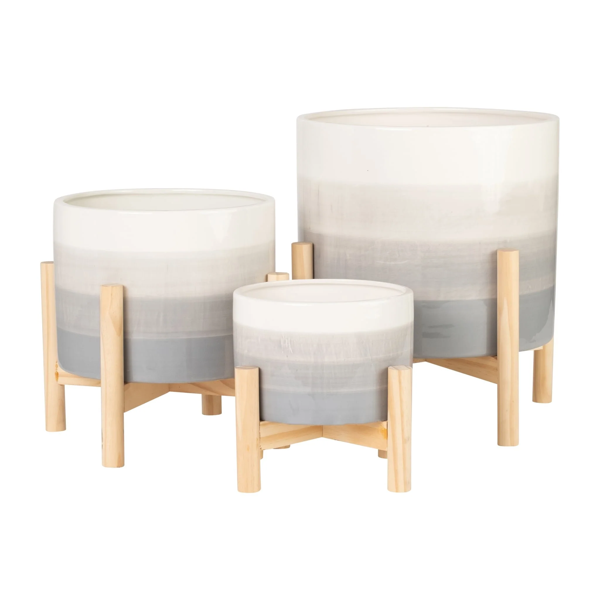 8" Ceramic Planter W/ Wood Stand, Beige Mix - Image 8