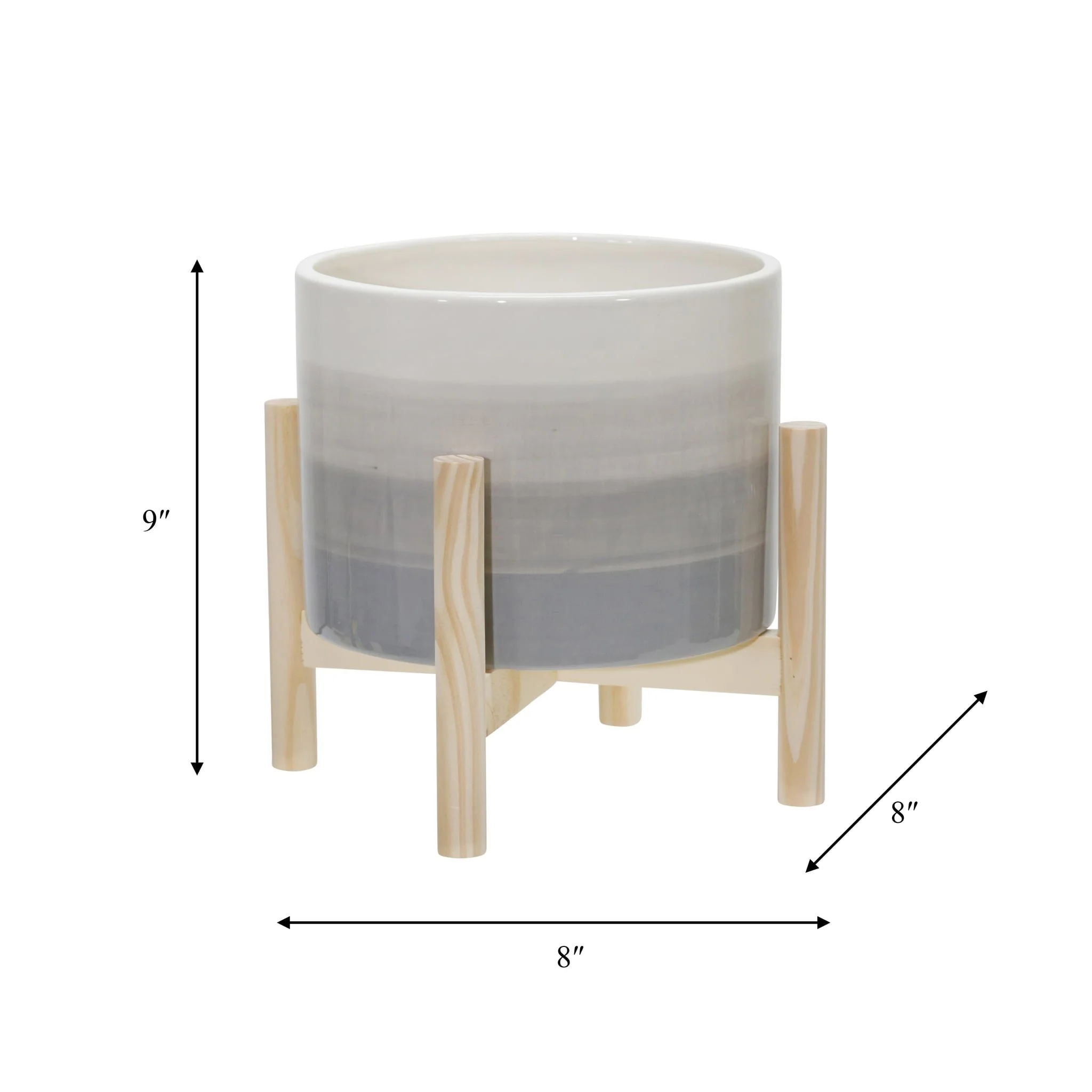 8" Ceramic Planter W/ Wood Stand, Beige Mix - Image 9