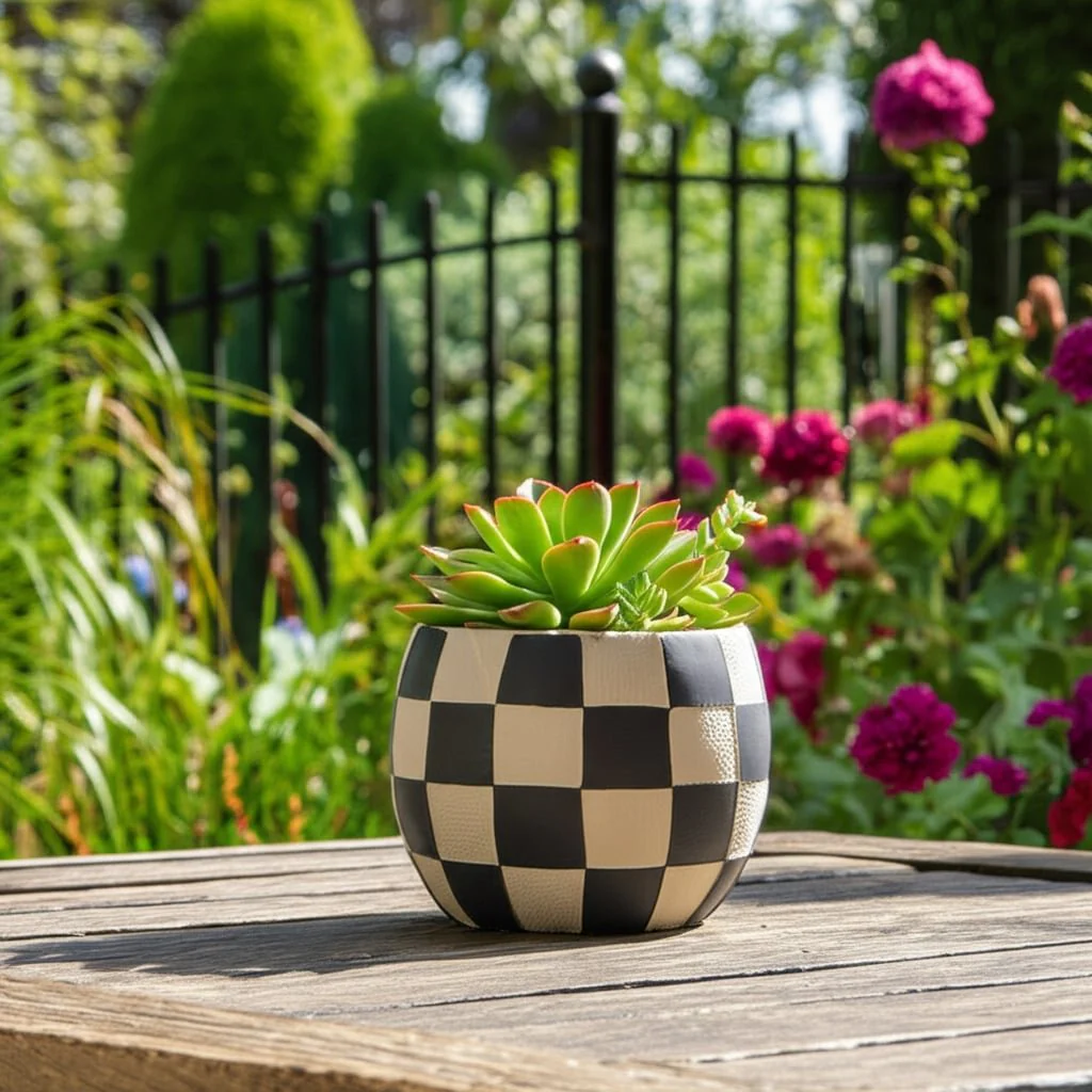 8" Checkerboard Rounded Planter, Black/white - Image 11