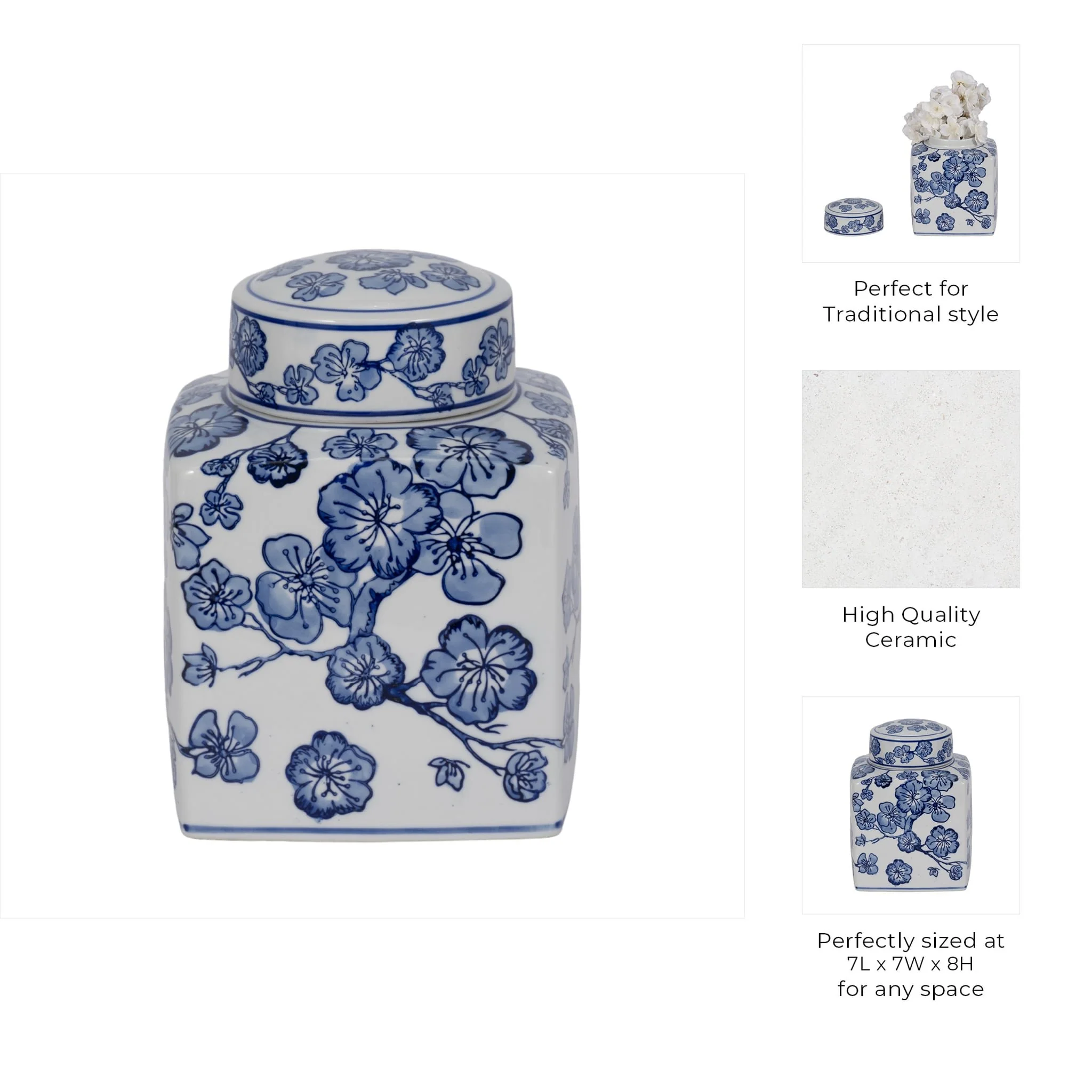 8" Cherry Blossom Chinoiserie Jar, Blue/white - Image 10