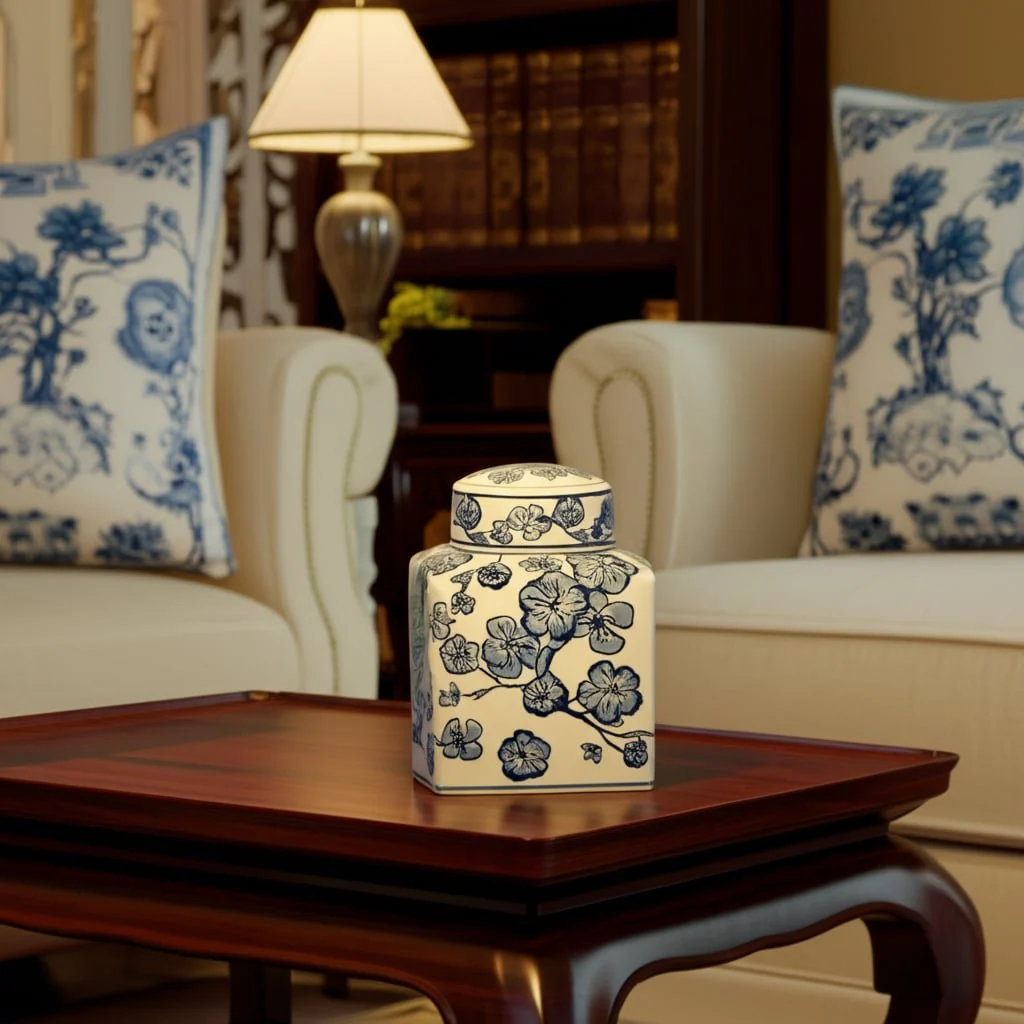 8" Cherry Blossom Chinoiserie Jar, Blue/white - Image 12