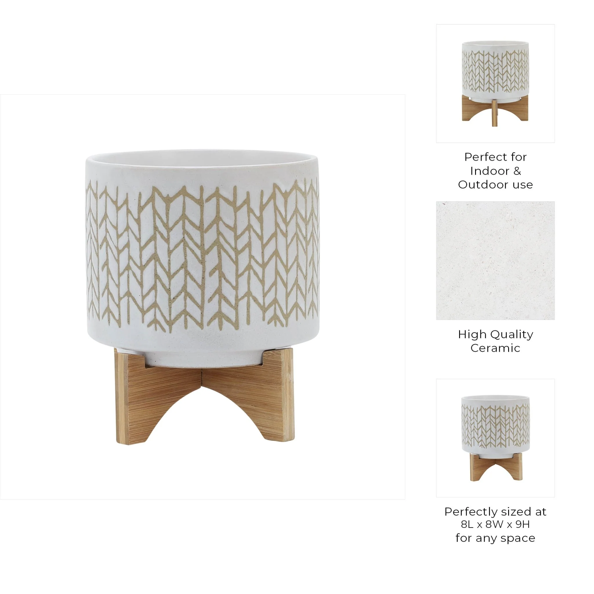 8" Chevron Planter W/ Wood Stand, Beige - Image 10