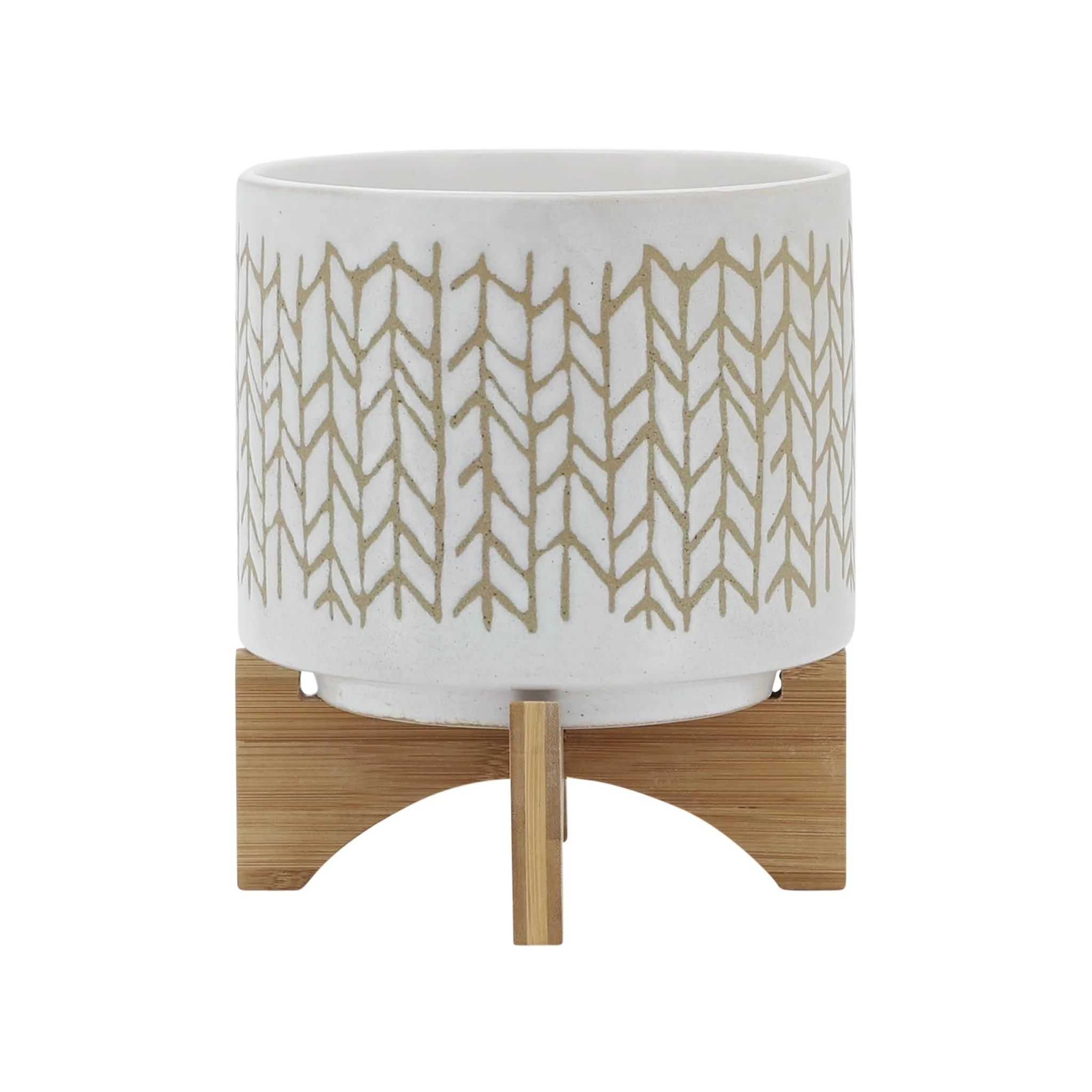 8" Chevron Planter W/ Wood Stand, Beige - Image 2