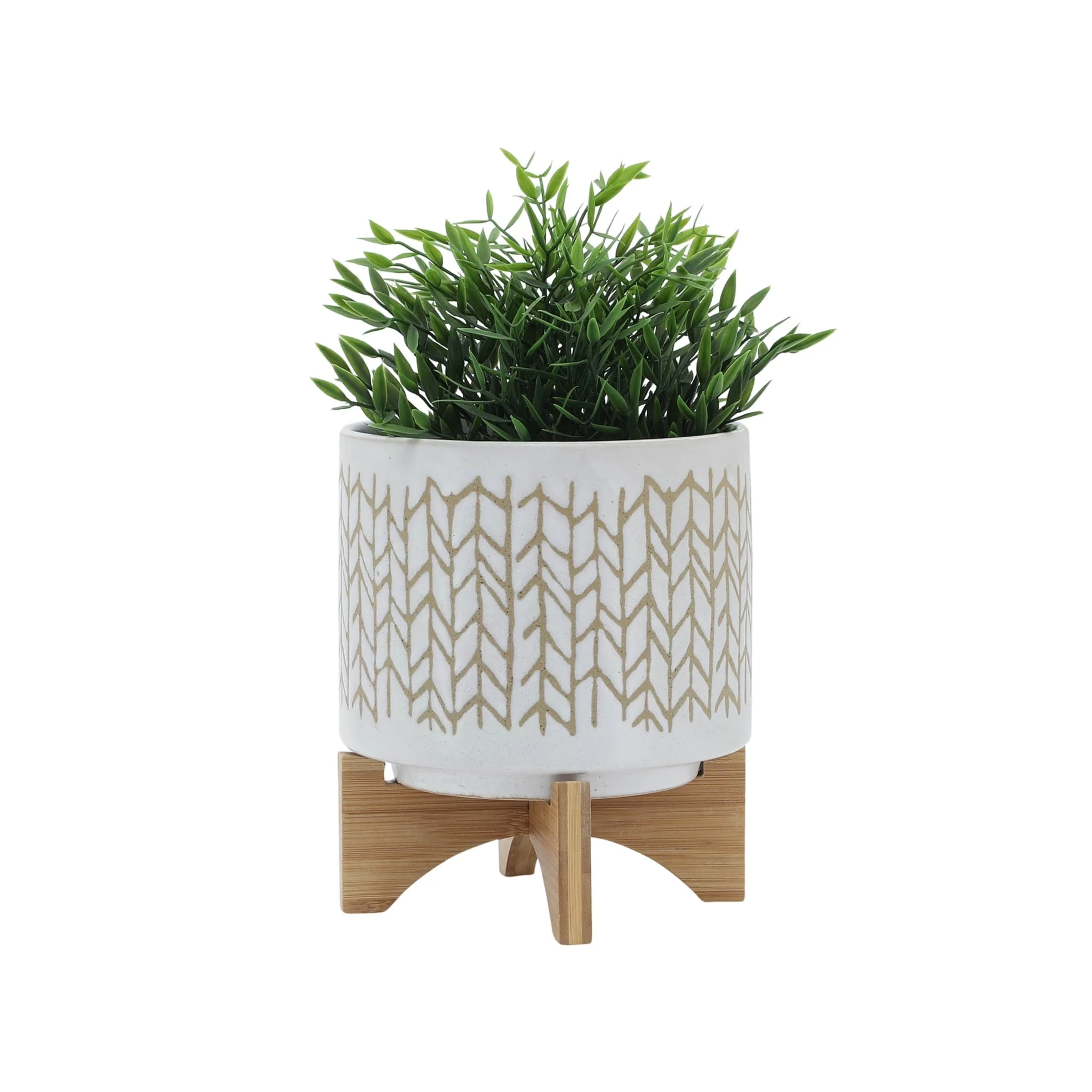 8" Chevron Planter W/ Wood Stand, Beige - Image 3