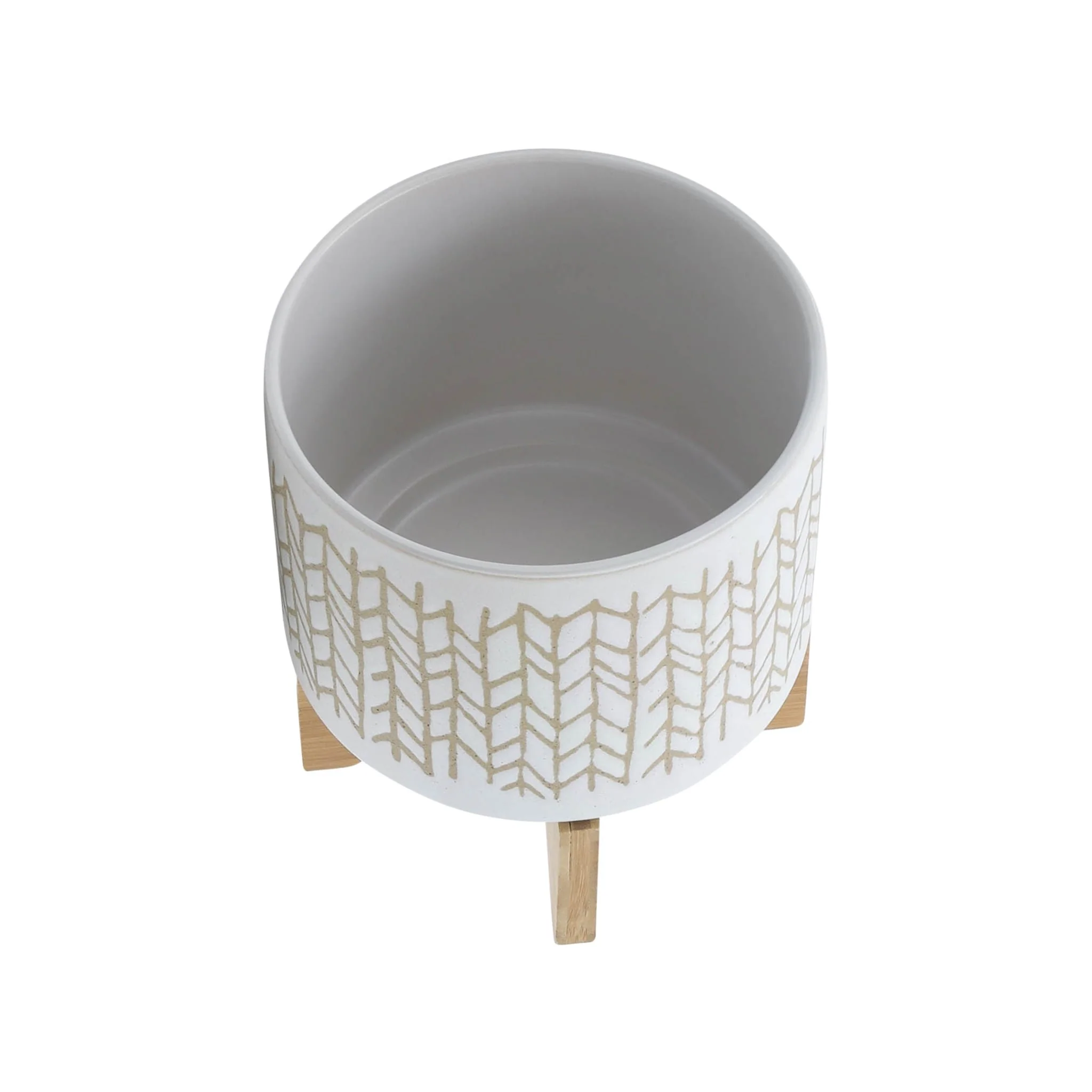 8" Chevron Planter W/ Wood Stand, Beige - Image 4