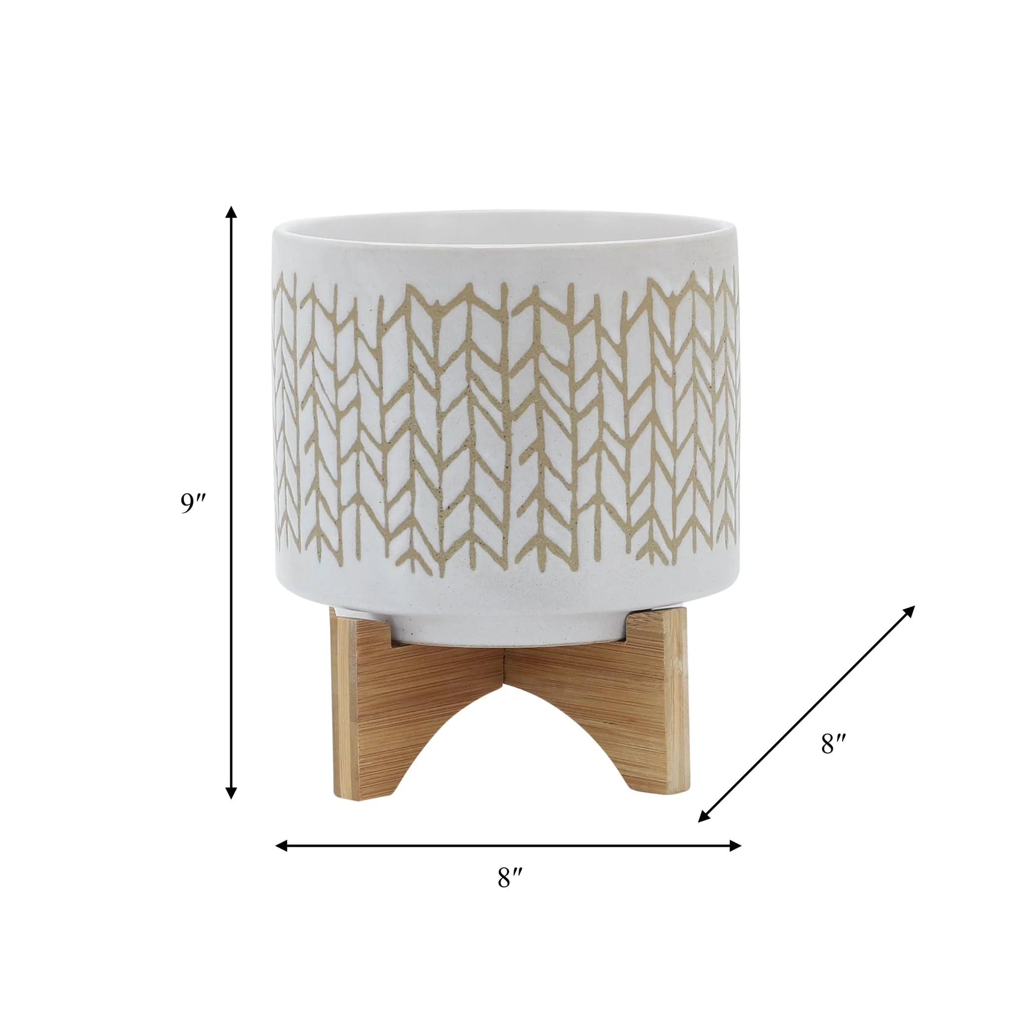 8" Chevron Planter W/ Wood Stand, Beige - Image 9