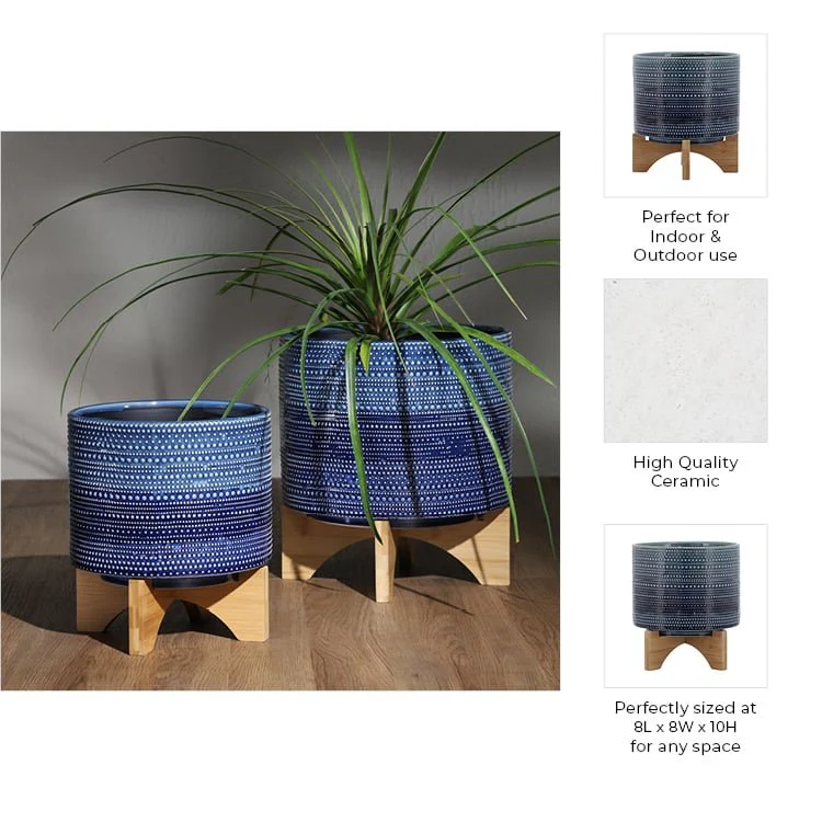 8" Dotted Planter W/ Wood Stand, Blue - Image 10