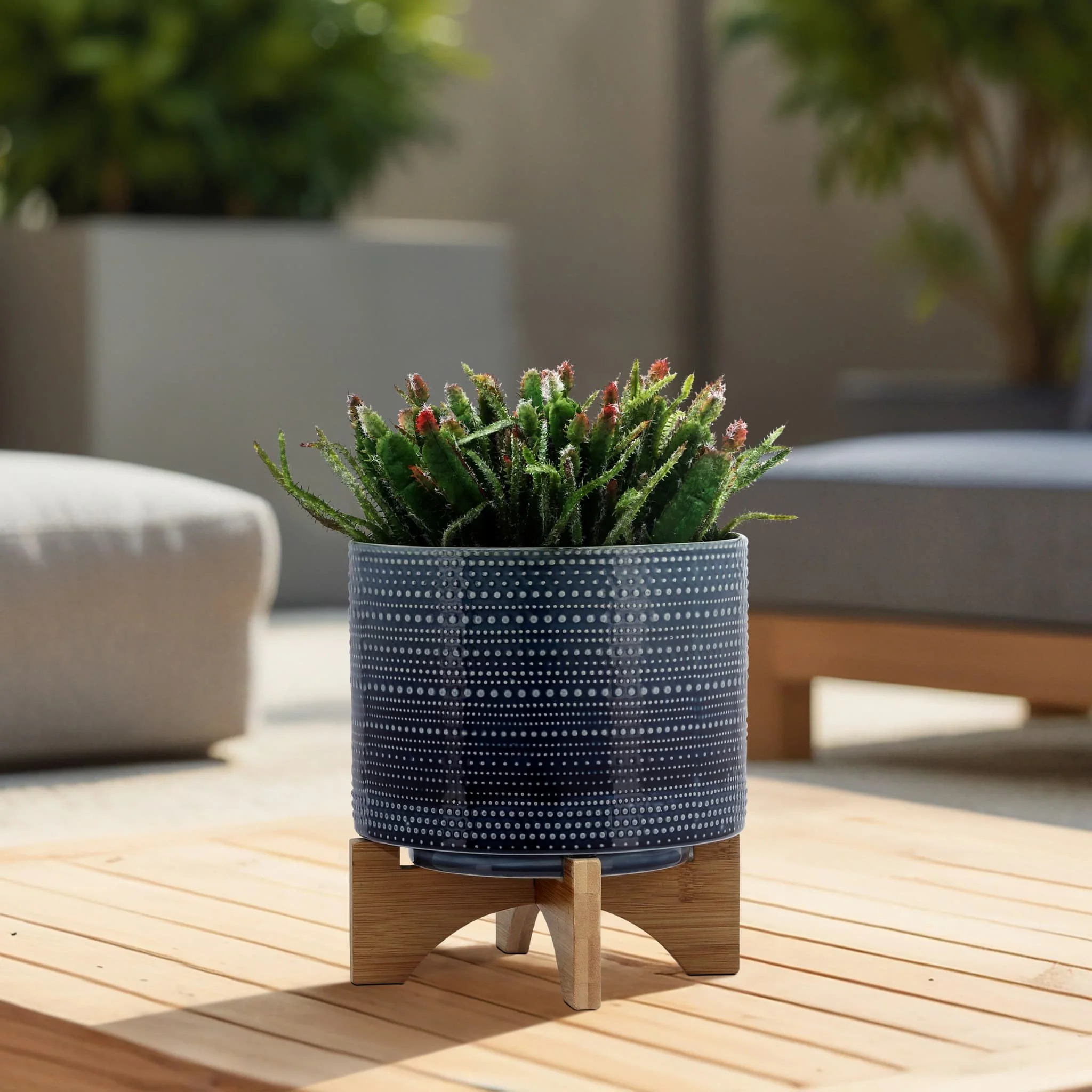 8" Dotted Planter W/ Wood Stand, Blue - Image 12