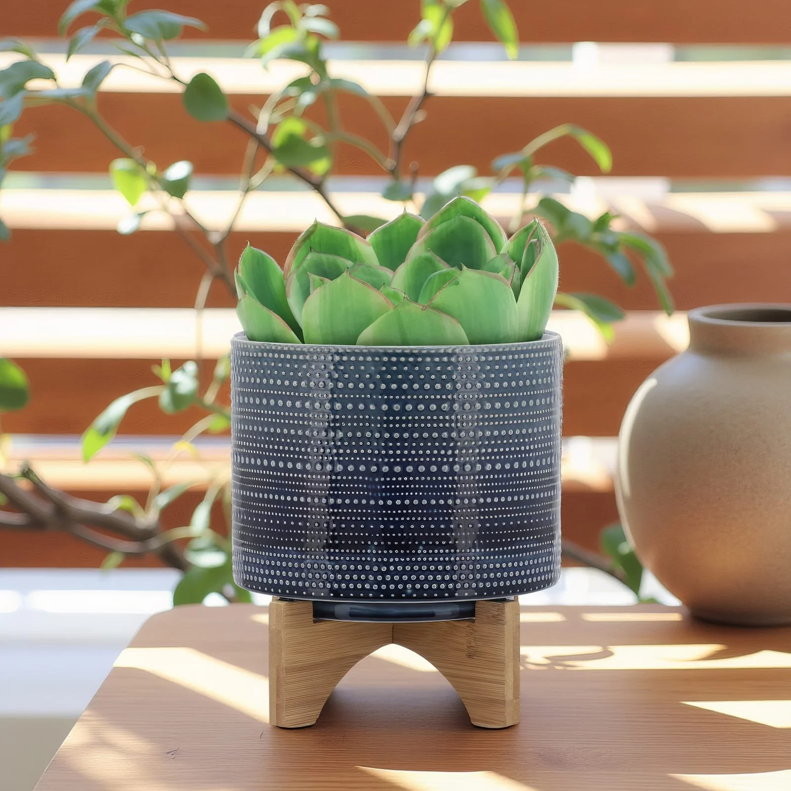 8" Dotted Planter W/ Wood Stand, Blue - Image 14
