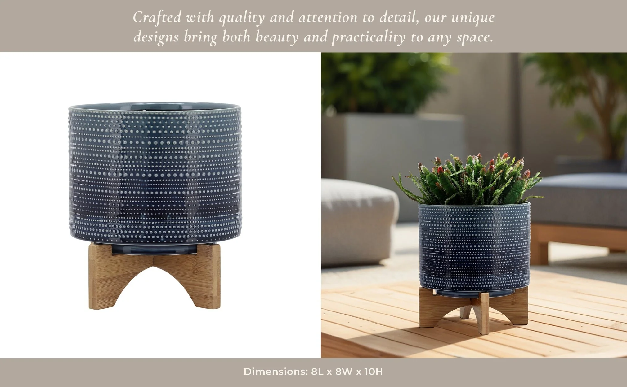 8" Dotted Planter W/ Wood Stand, Blue - Image 15