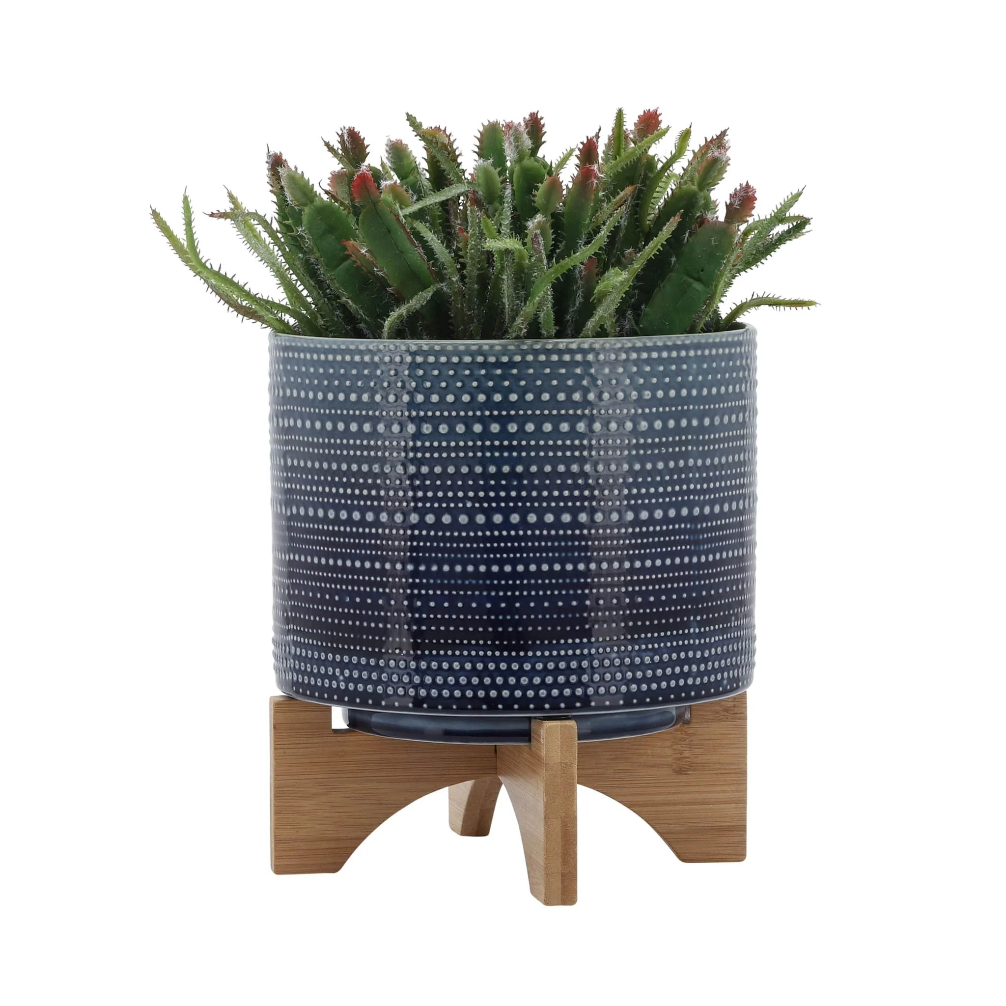 8" Dotted Planter W/ Wood Stand, Blue - Image 3