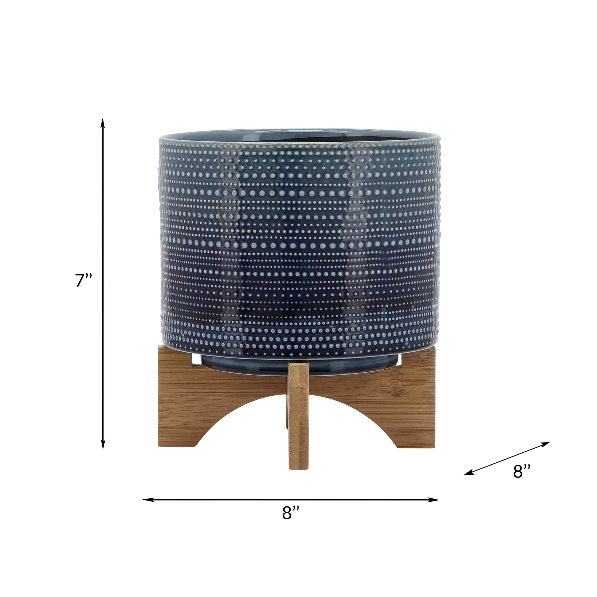 8" Dotted Planter W/ Wood Stand, Blue - Image 8