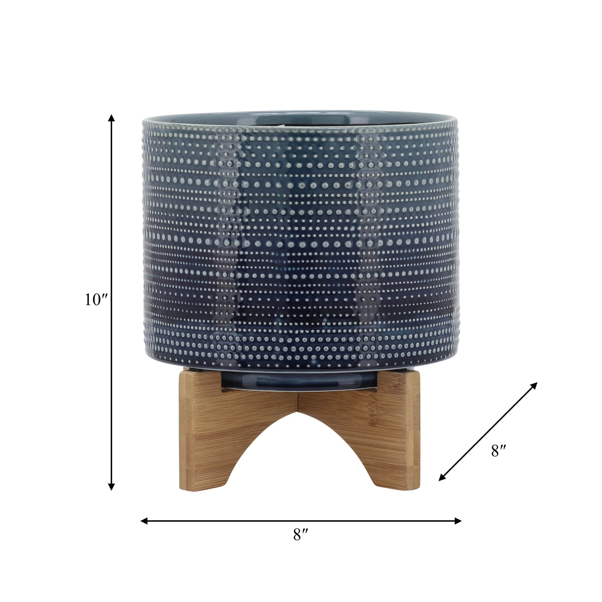 8" Dotted Planter W/ Wood Stand, Blue - Image 9