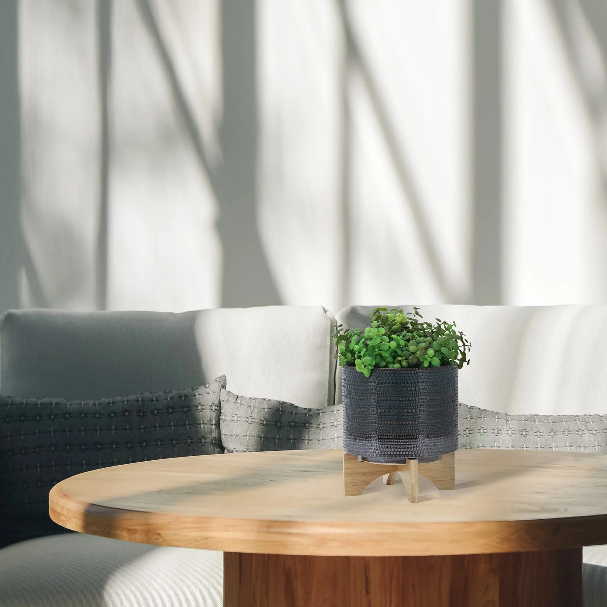 8" Dotted Planter W/ Wood Stand, Green - Image 11