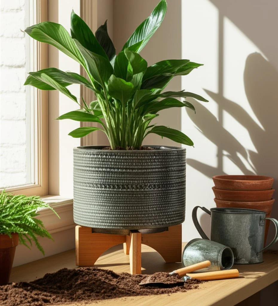 8" Dotted Planter W/ Wood Stand, Green - Image 12