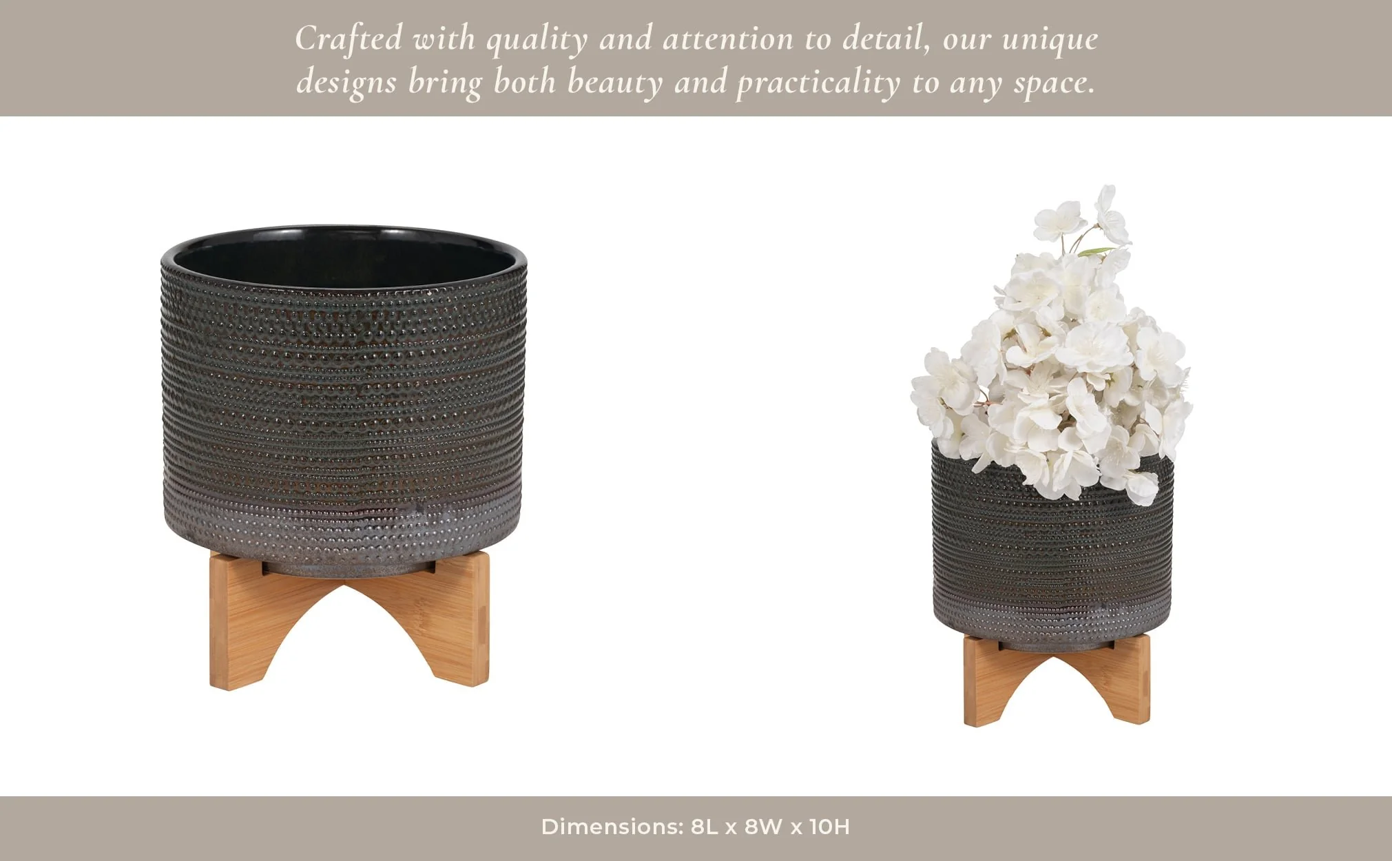 8" Dotted Planter W/ Wood Stand, Green - Image 14