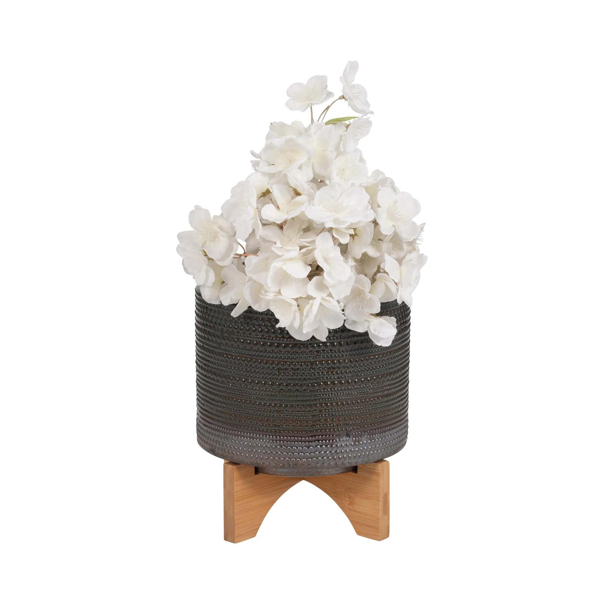 8" Dotted Planter W/ Wood Stand, Green - Image 2