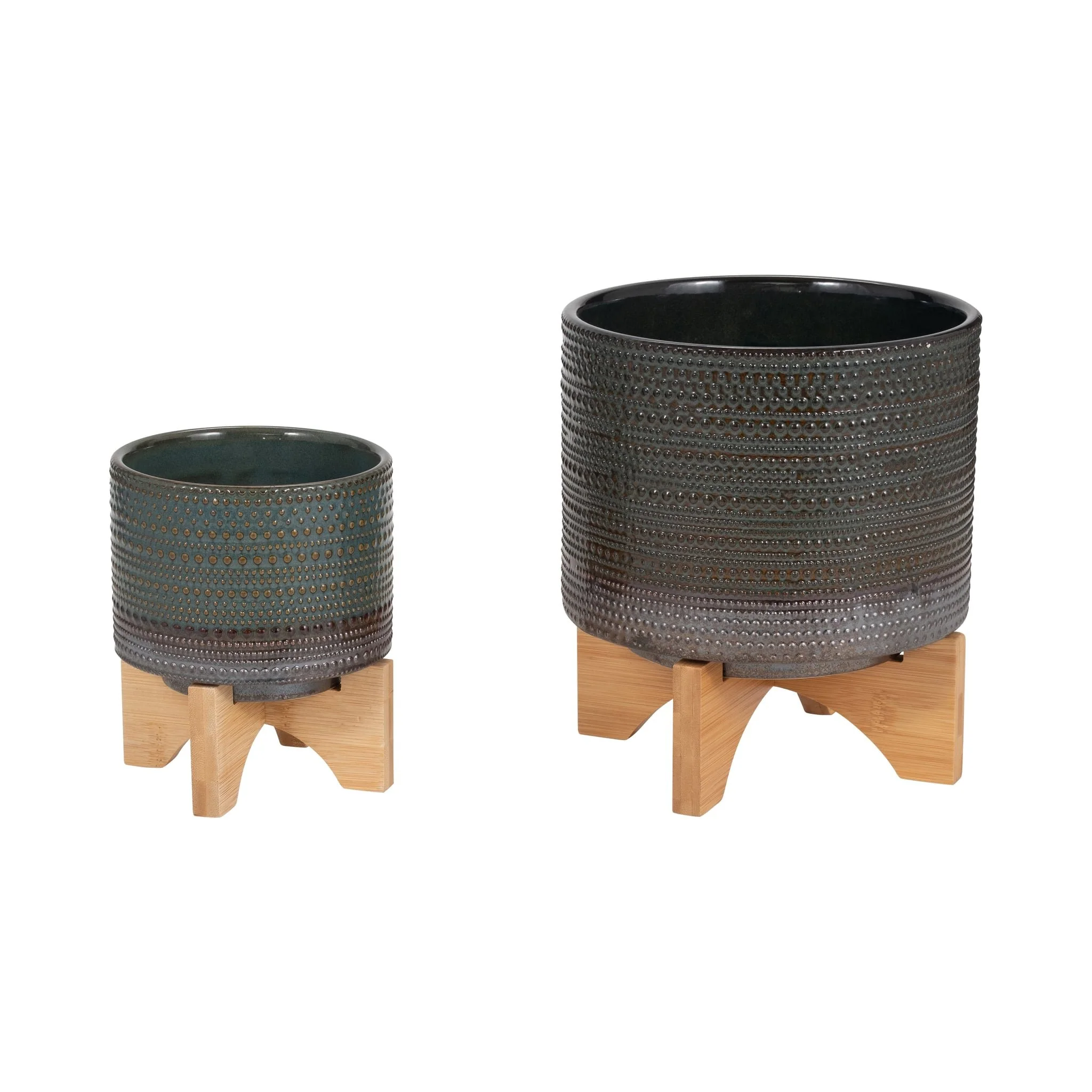 8" Dotted Planter W/ Wood Stand, Green - Image 8