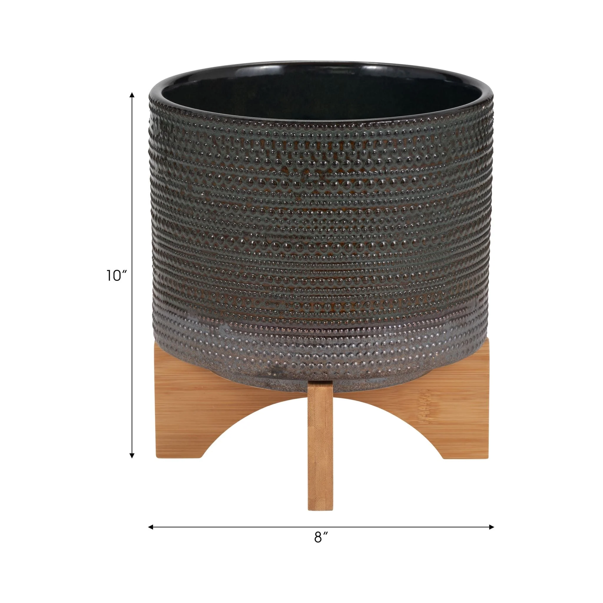 8" Dotted Planter W/ Wood Stand, Green - Image 9