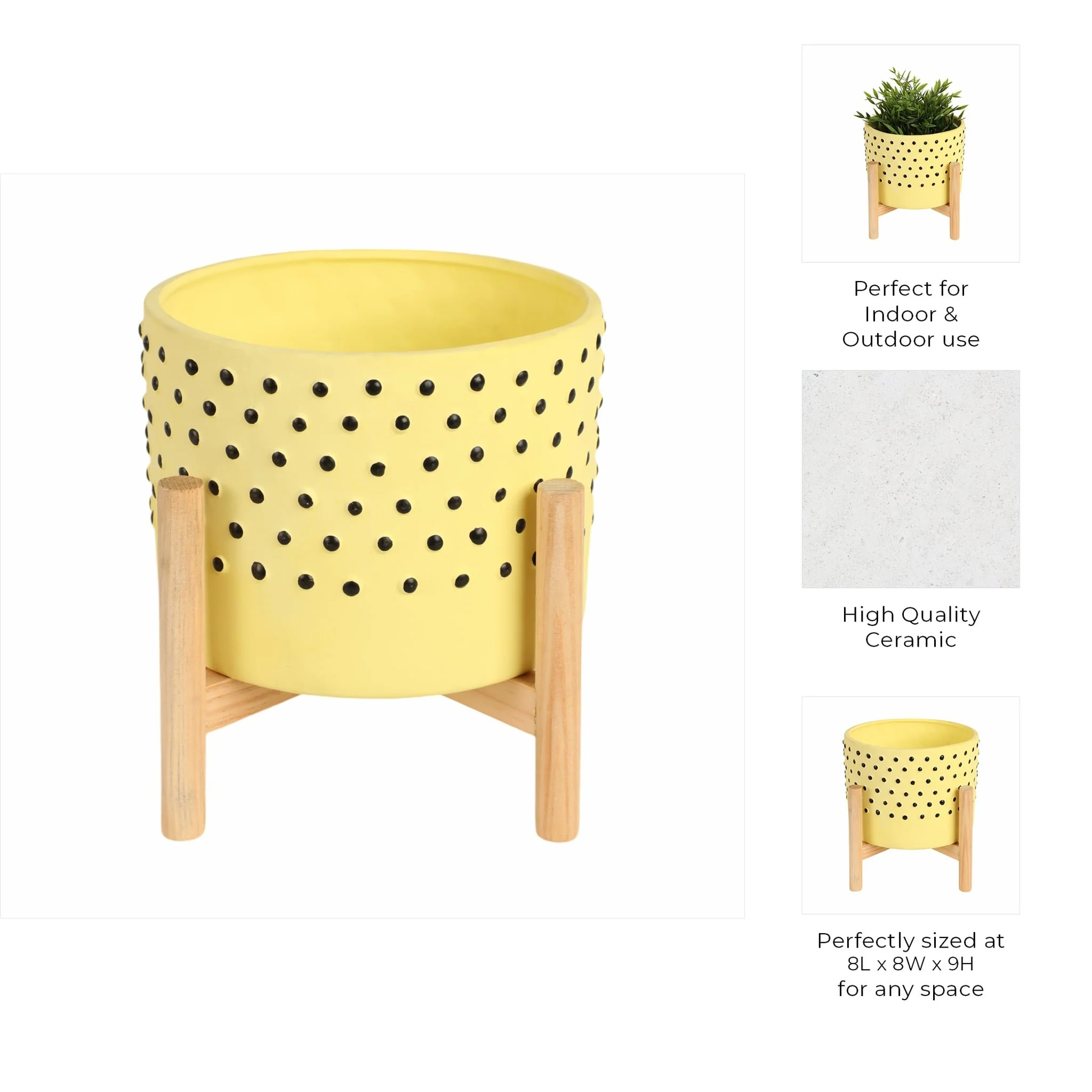 8" Dotted Planter W/ Wood Stand, Yellow - Image 10
