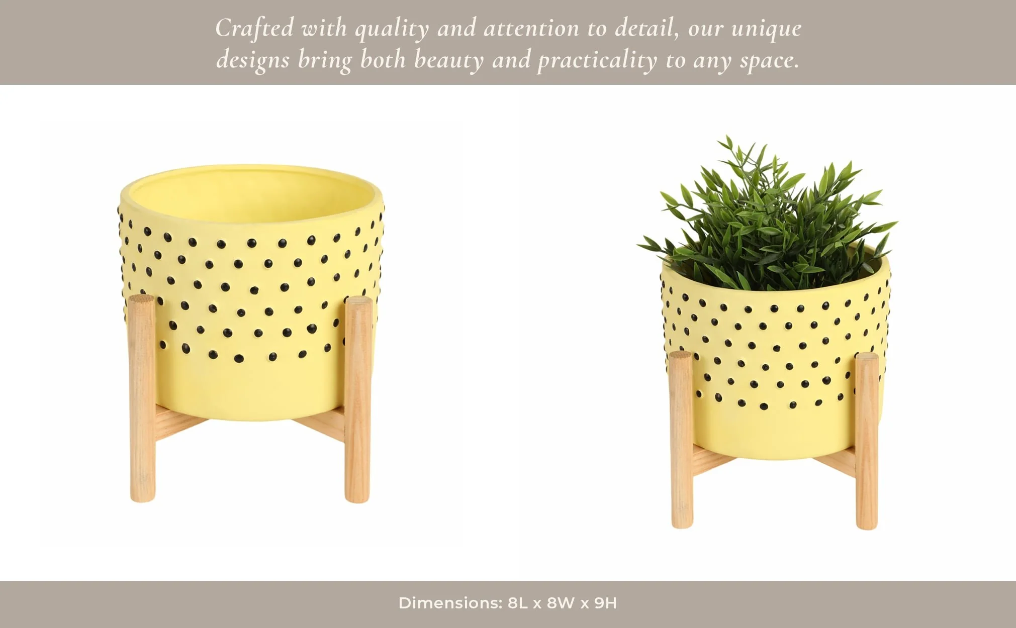 8" Dotted Planter W/ Wood Stand, Yellow - Image 13