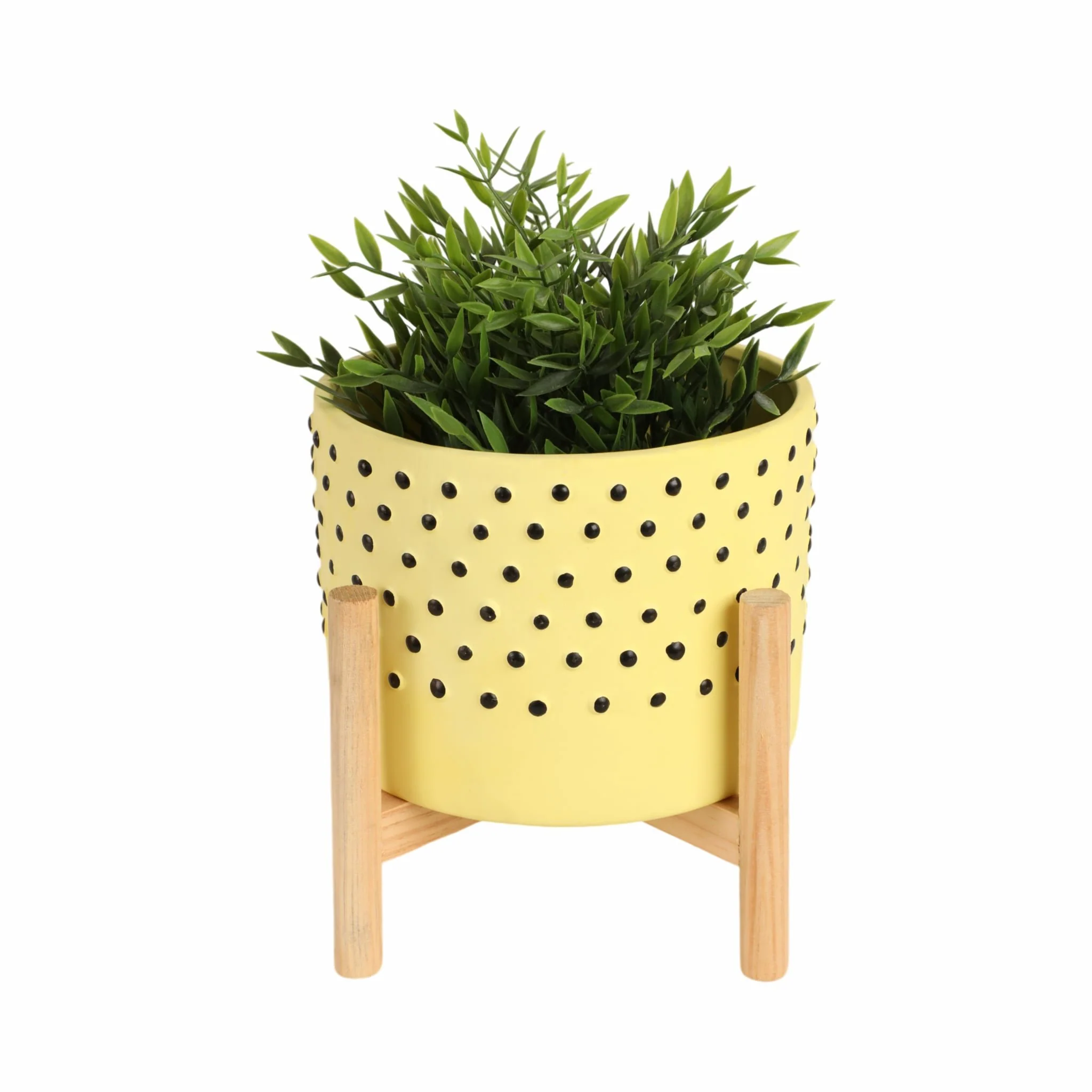 8" Dotted Planter W/ Wood Stand, Yellow - Image 2