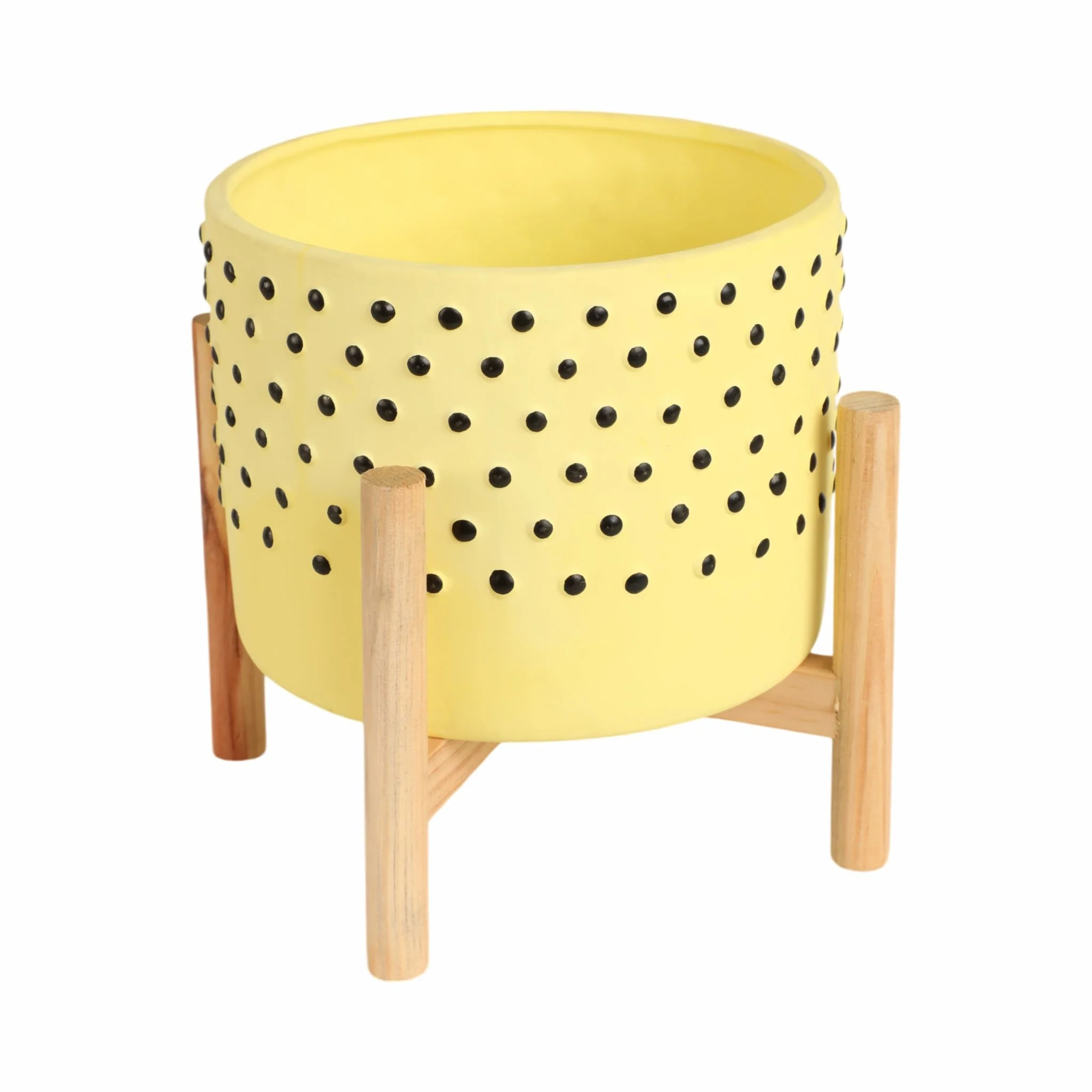 8" Dotted Planter W/ Wood Stand, Yellow - Image 3