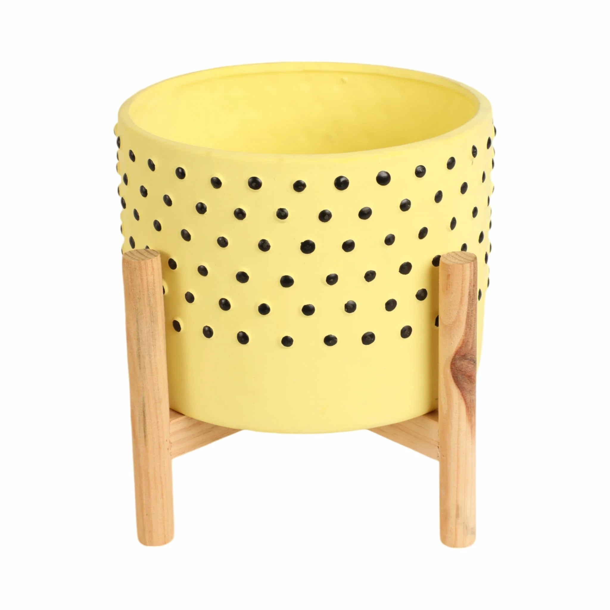 8" Dotted Planter W/ Wood Stand, Yellow - Image 4