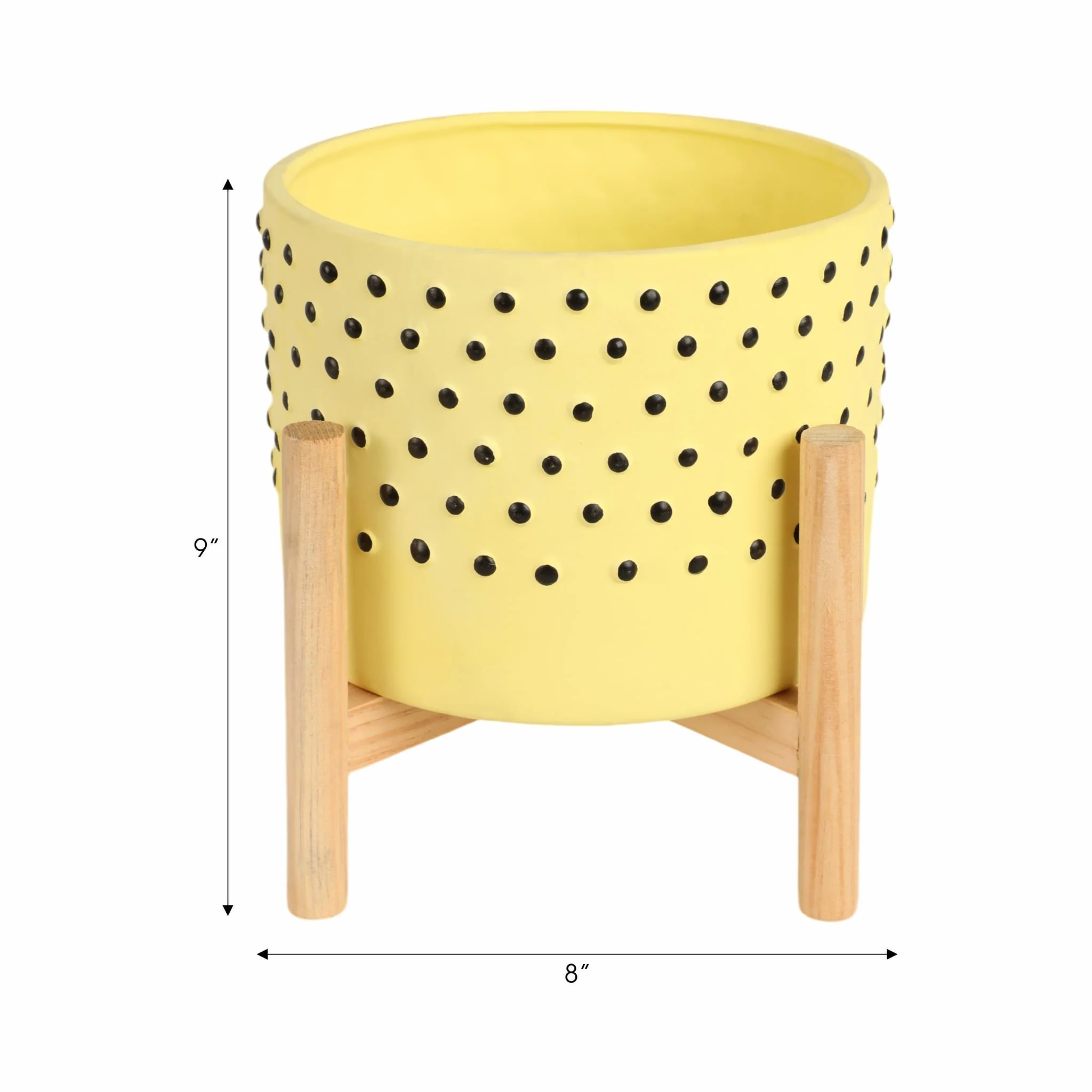 8" Dotted Planter W/ Wood Stand, Yellow - Image 9