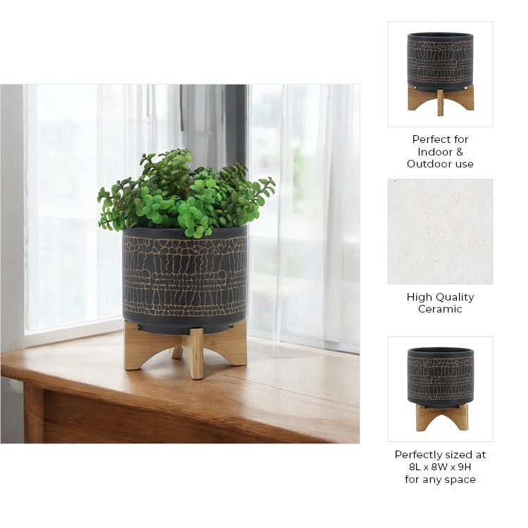 8" Glazed Planter W/ Stand, Black - Image 9