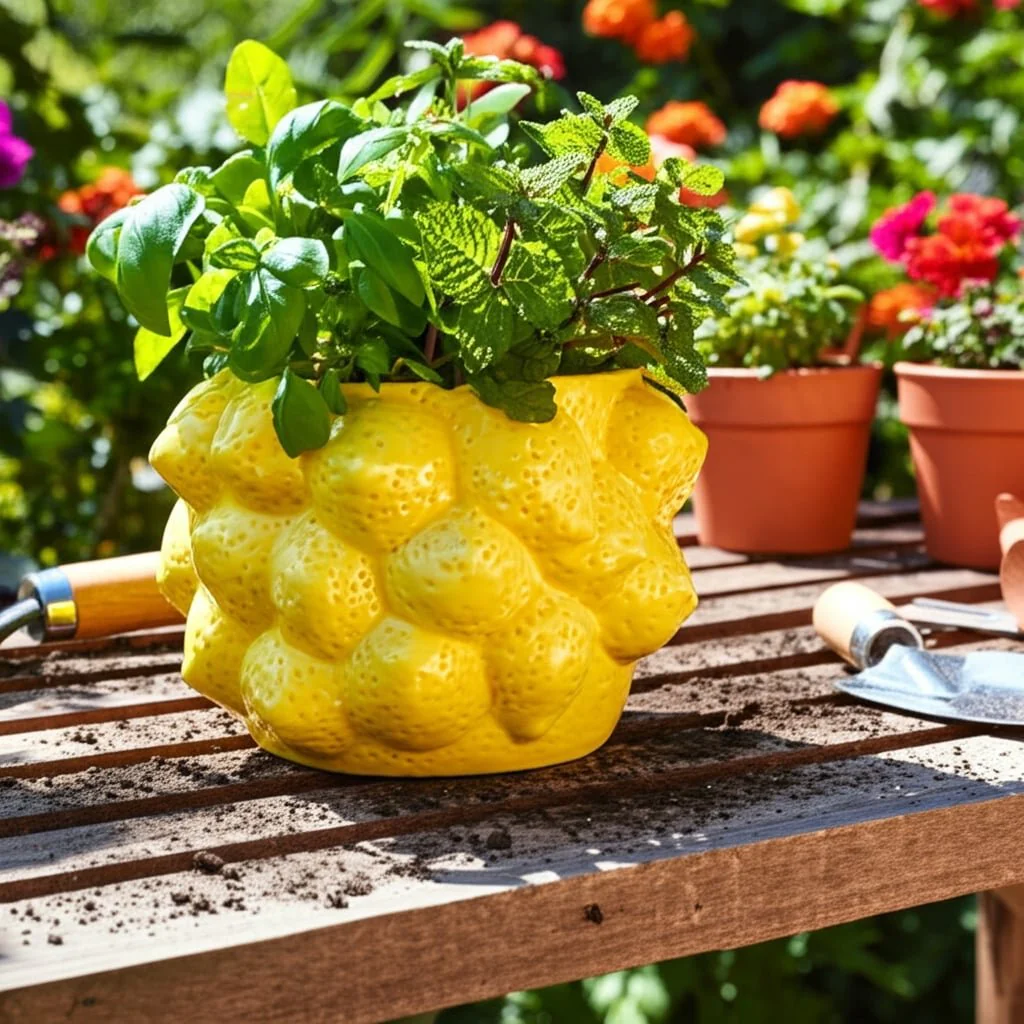 8" Lemons Flower Pot, Yellow - Image 12