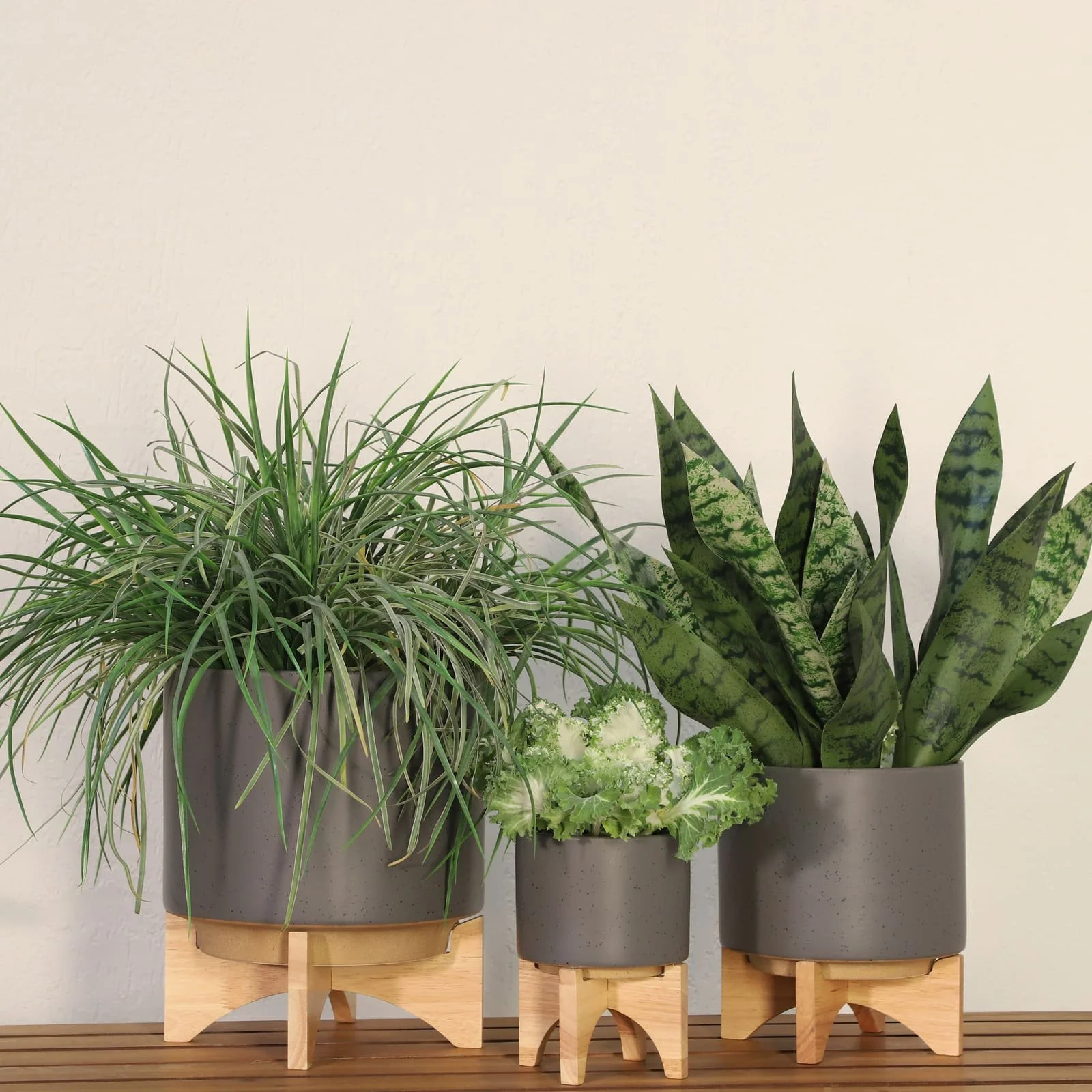 8" Planter W/ Wood Stand, Matte Gray - Image 11
