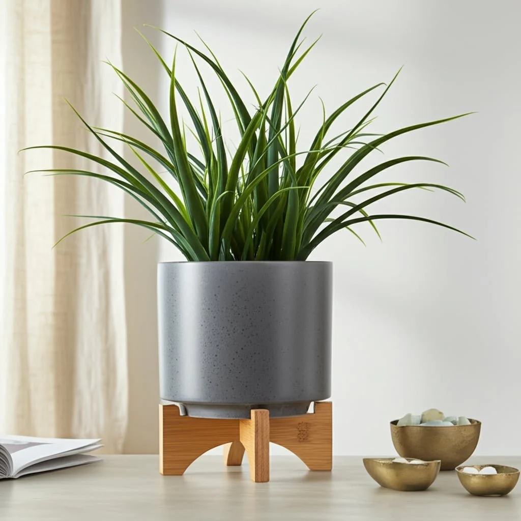 8" Planter W/ Wood Stand, Matte Gray - Image 13