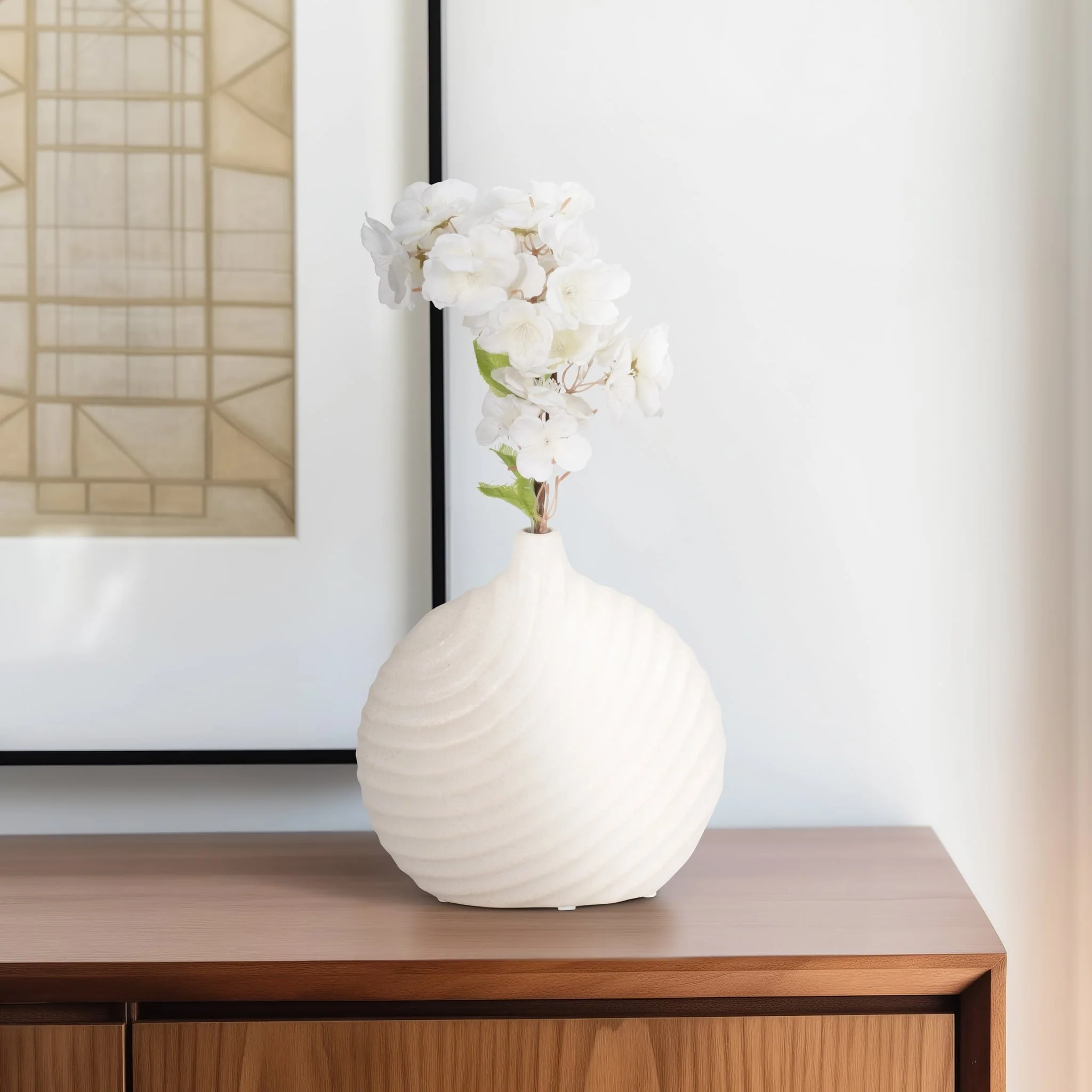 8" Round Swirled Matte Vase, White - Image 10