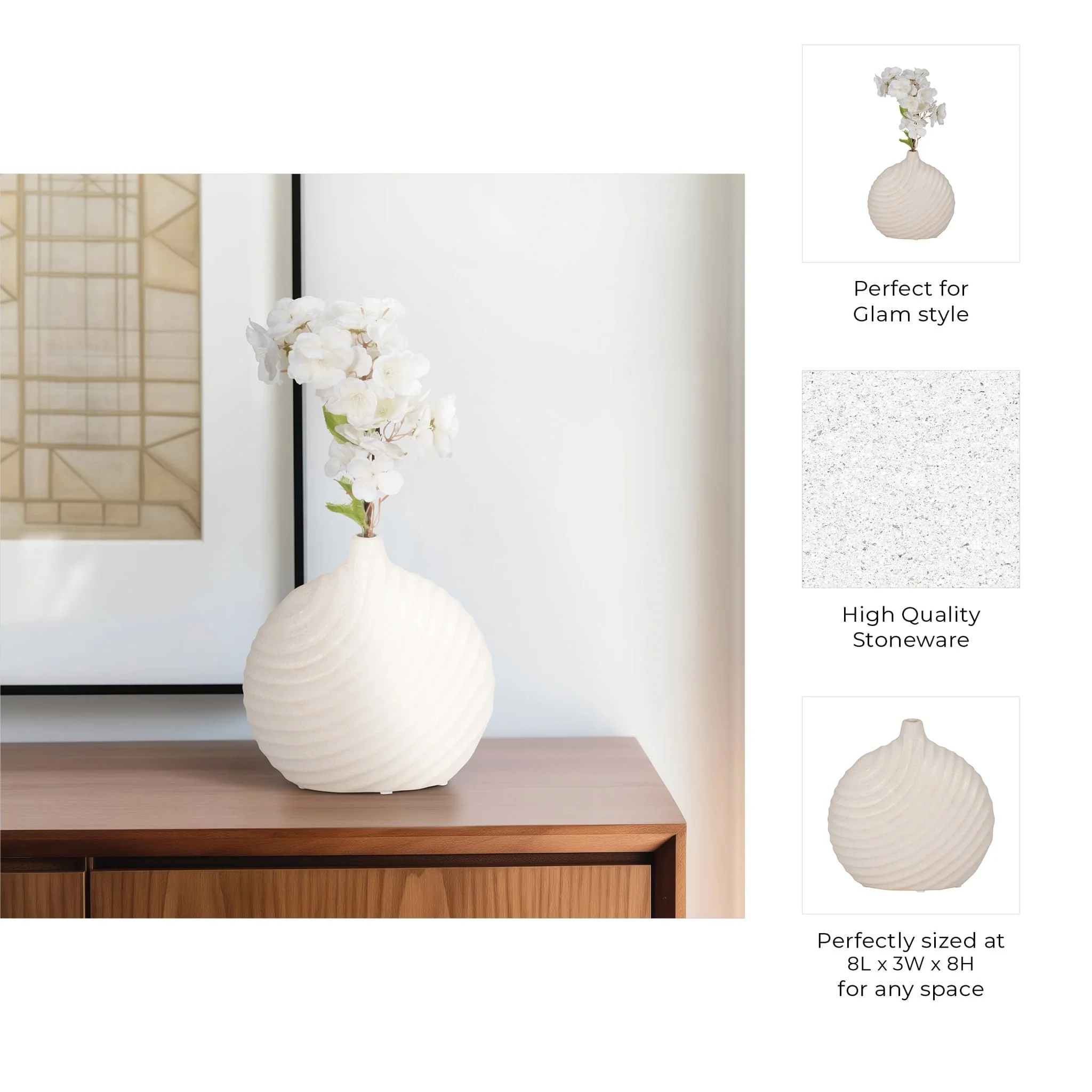8" Round Swirled Matte Vase, White - Image 9