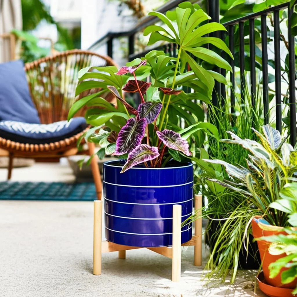 8" Striped Planter W/ Wood Stand, Navy - Image 11