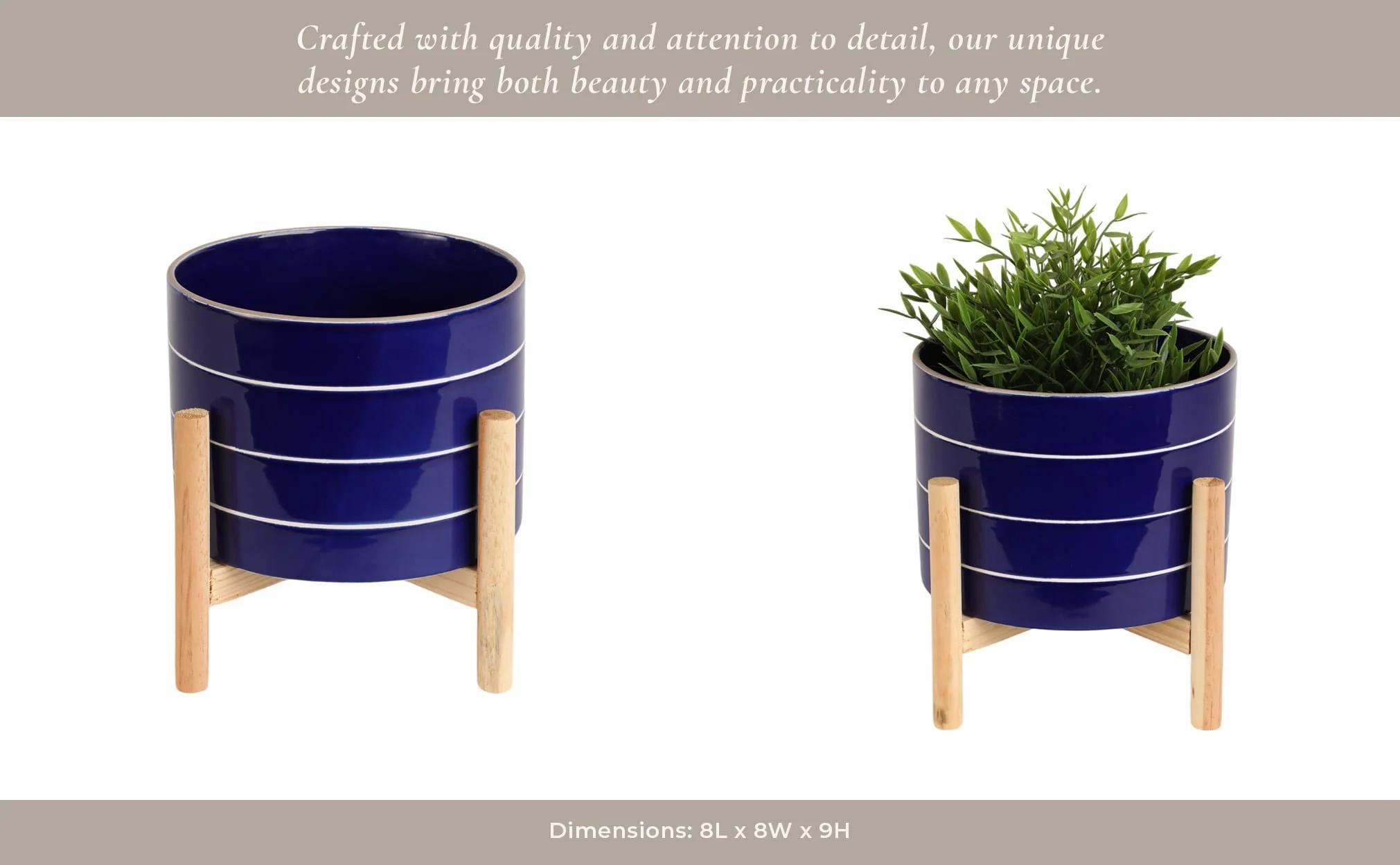8" Striped Planter W/ Wood Stand, Navy - Image 12