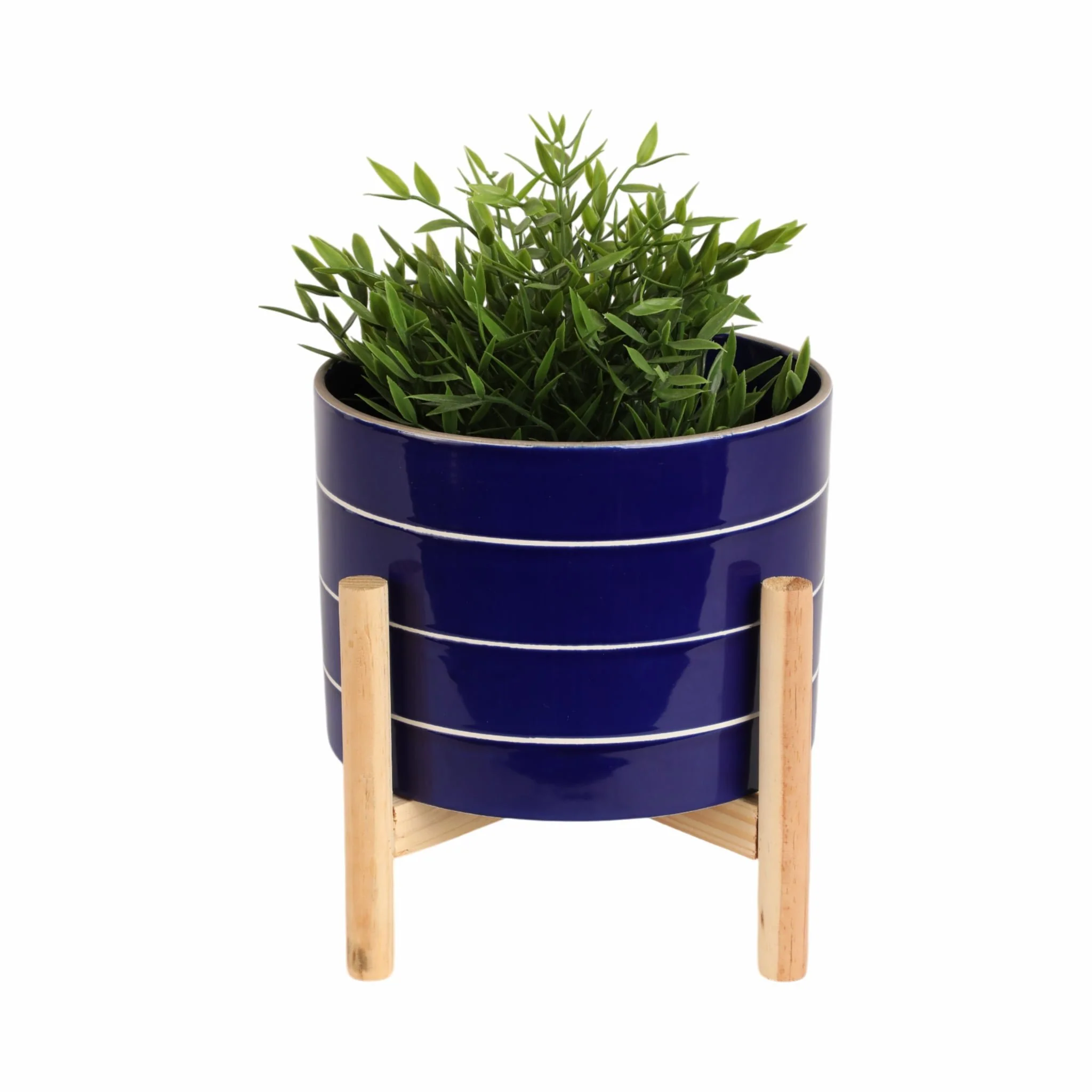 8" Striped Planter W/ Wood Stand, Navy - Image 2