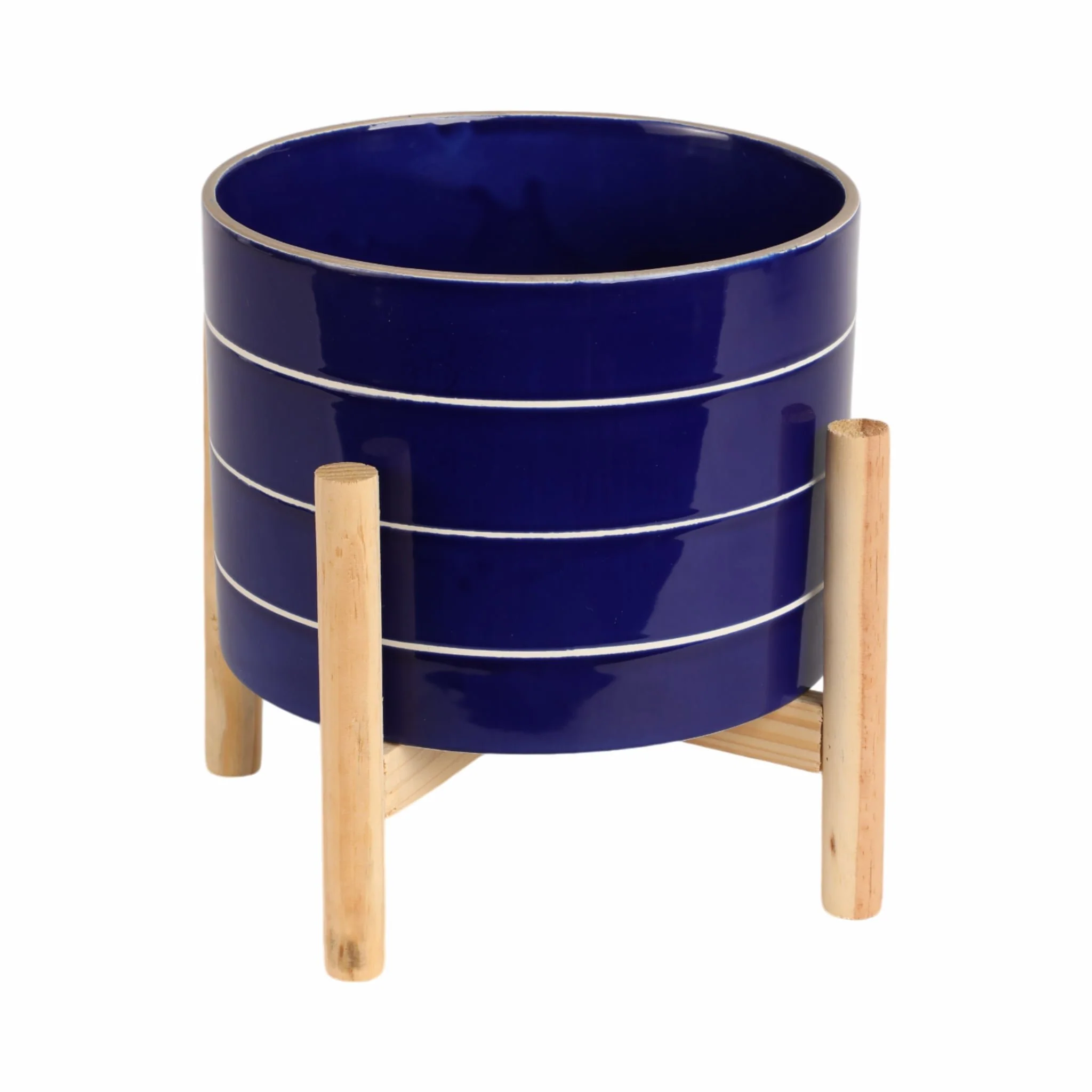 8" Striped Planter W/ Wood Stand, Navy - Image 3