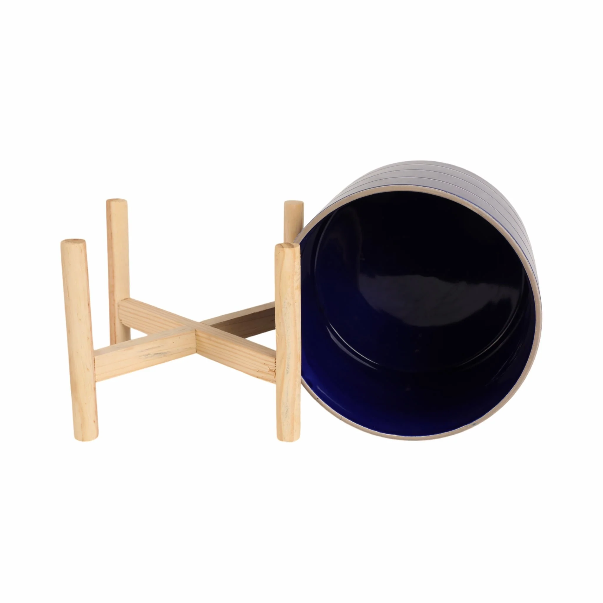 8" Striped Planter W/ Wood Stand, Navy - Image 7