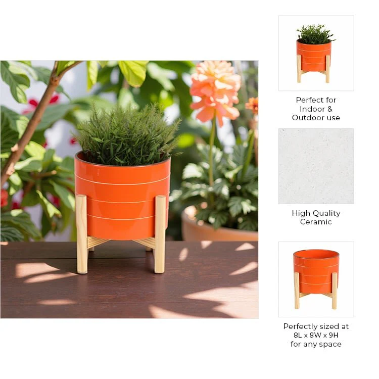 8" Striped Planter W/ Wood Stand, Orange - Image 10