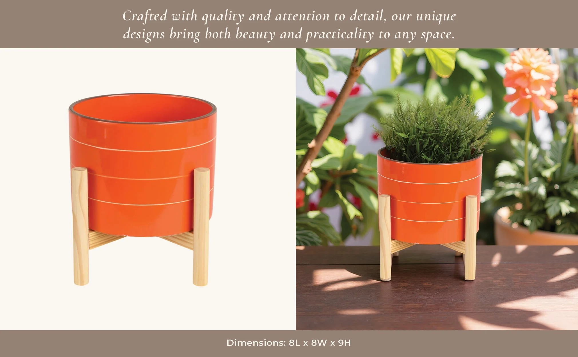 8" Striped Planter W/ Wood Stand, Orange - Image 12