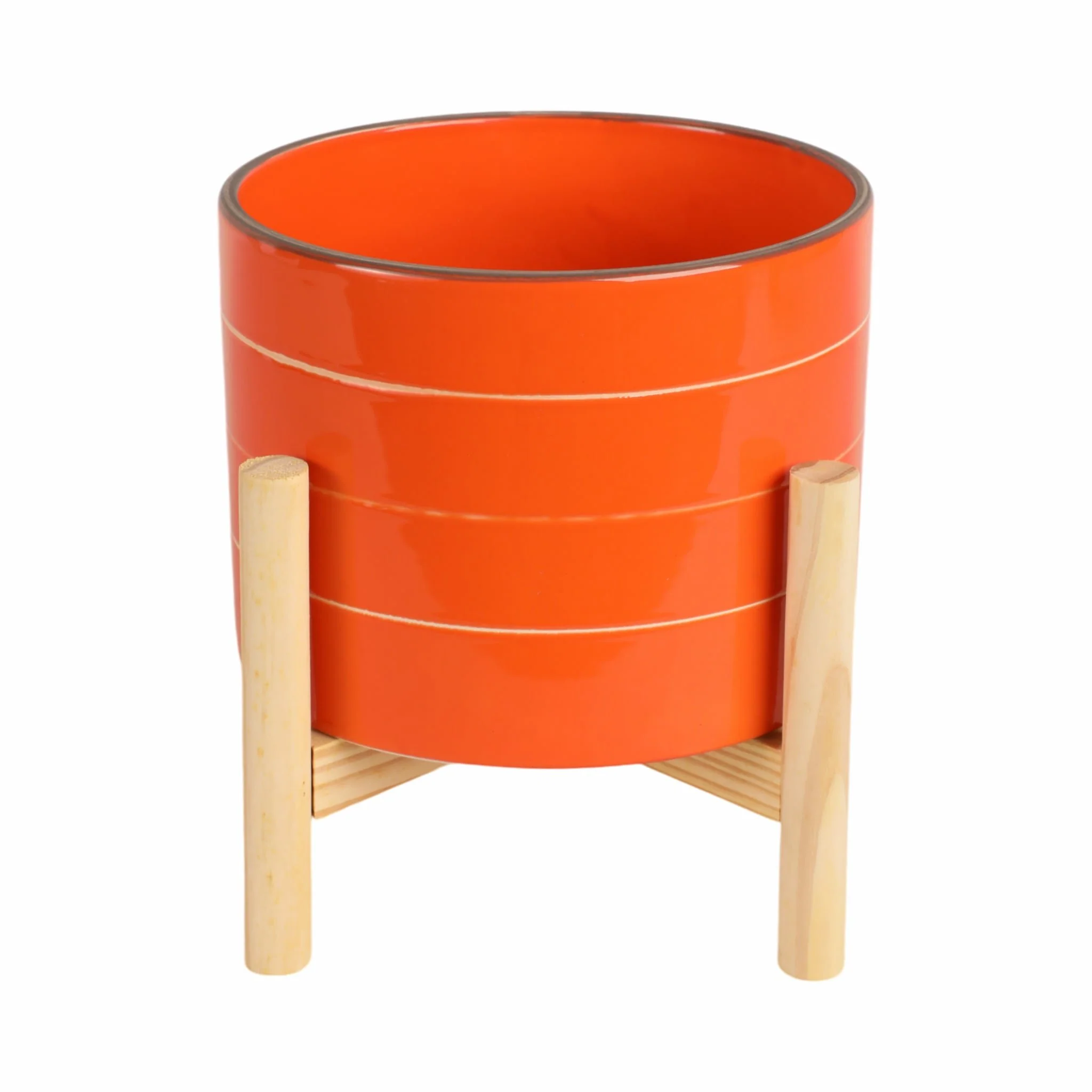 8" Striped Planter W/ Wood Stand, Orange - Image 4