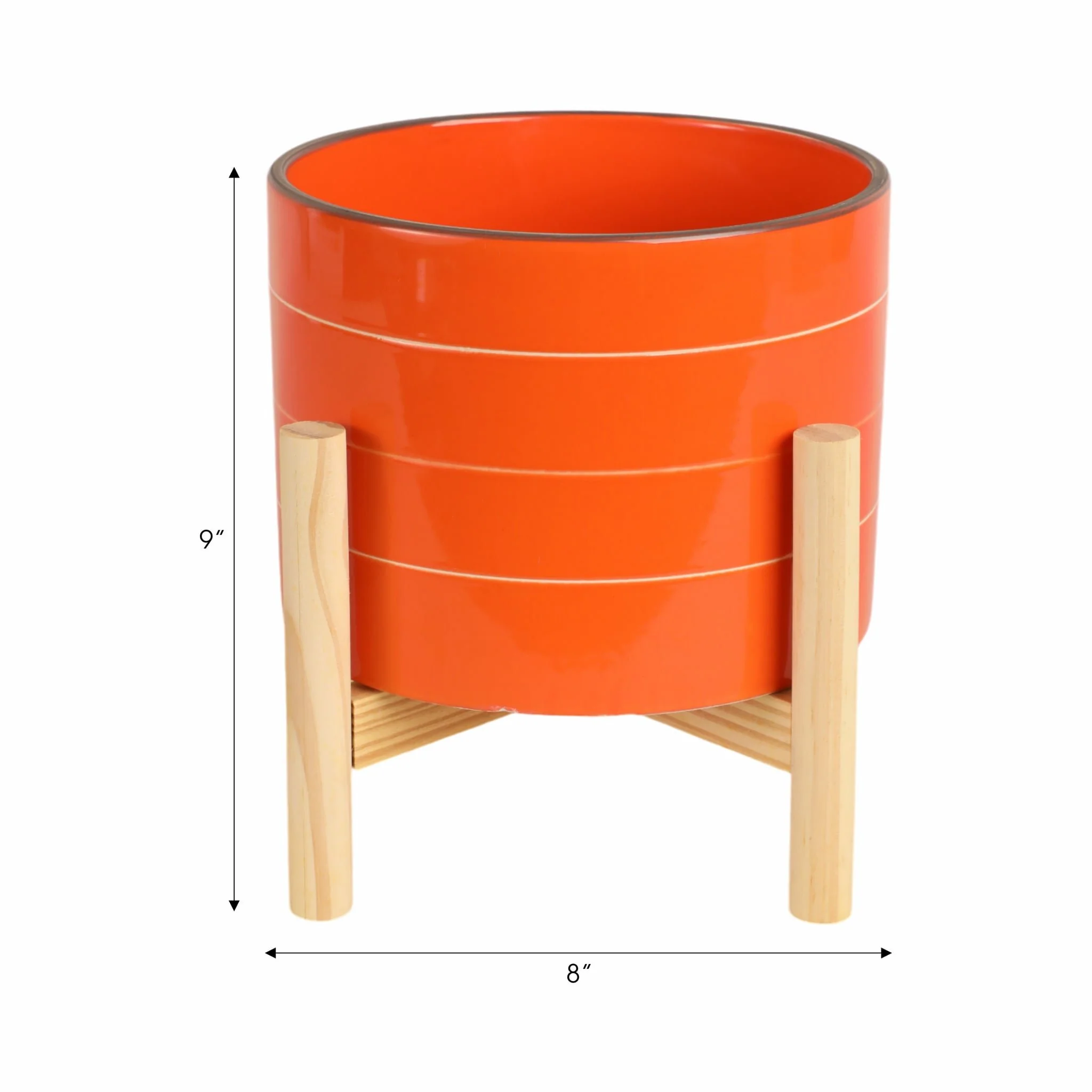 8" Striped Planter W/ Wood Stand, Orange - Image 9