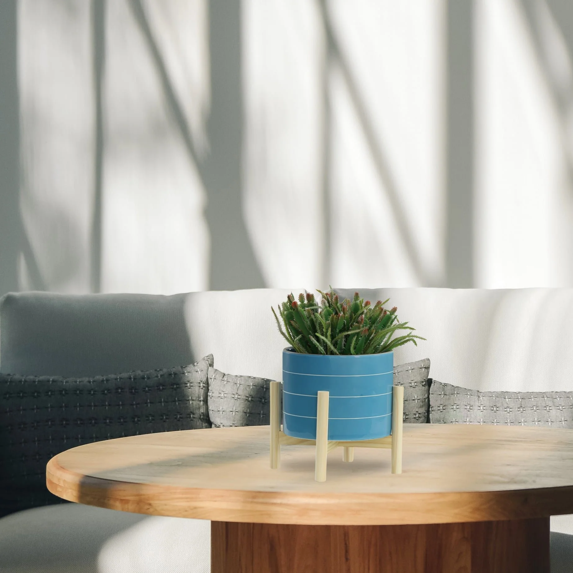8" Striped Planter W/ Wood Stand, Skyblue - Image 10