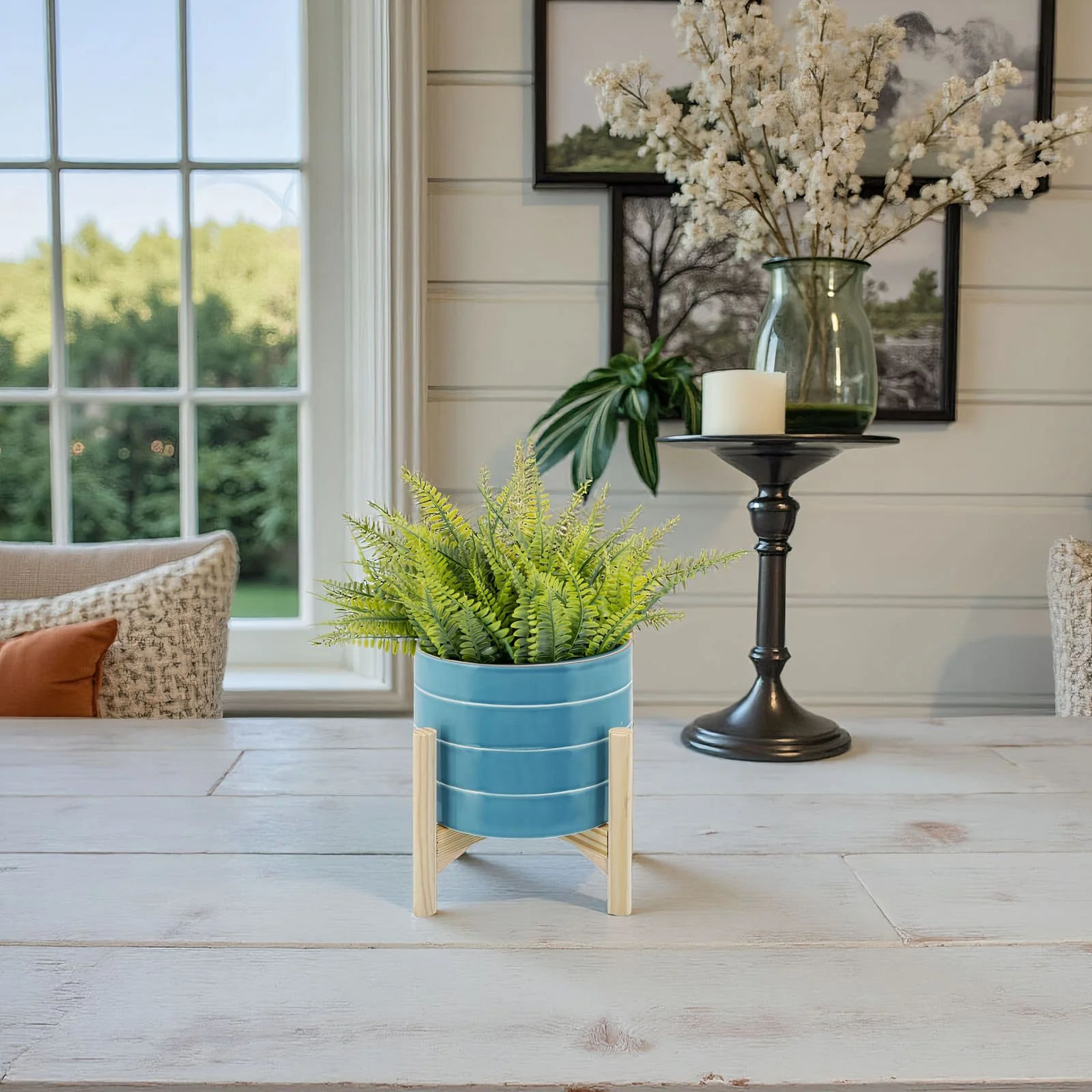 8" Striped Planter W/ Wood Stand, Skyblue - Image 11