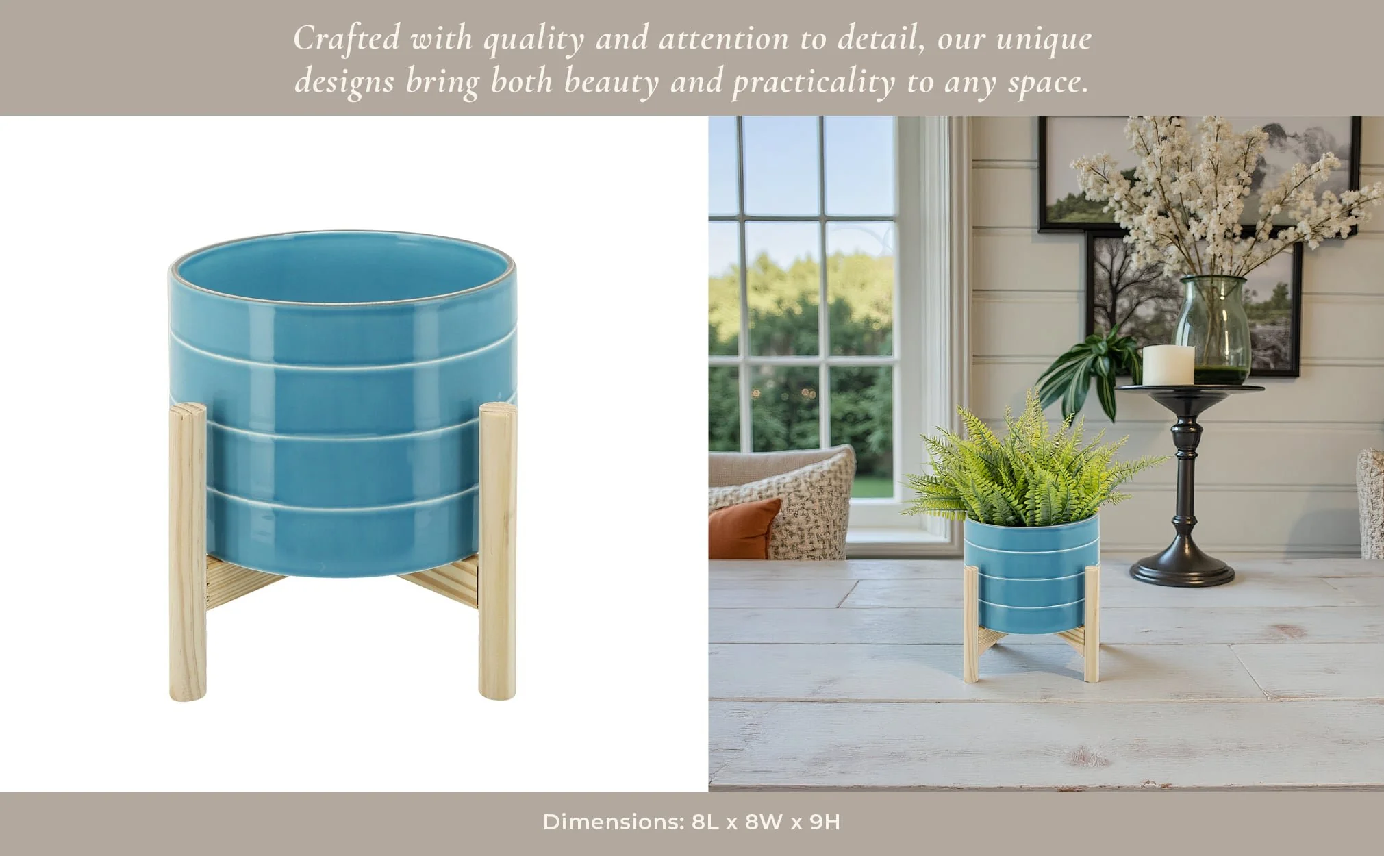 8" Striped Planter W/ Wood Stand, Skyblue - Image 12