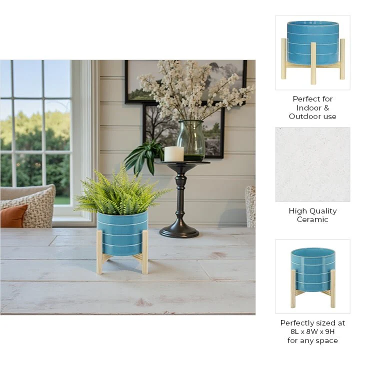 8" Striped Planter W/ Wood Stand, Skyblue - Image 9