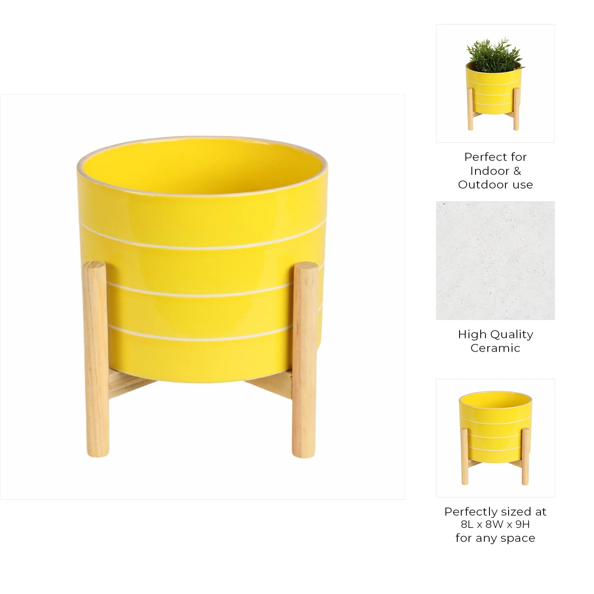 8" Striped Planter W/ Wood Stand, Yellow - Image 10